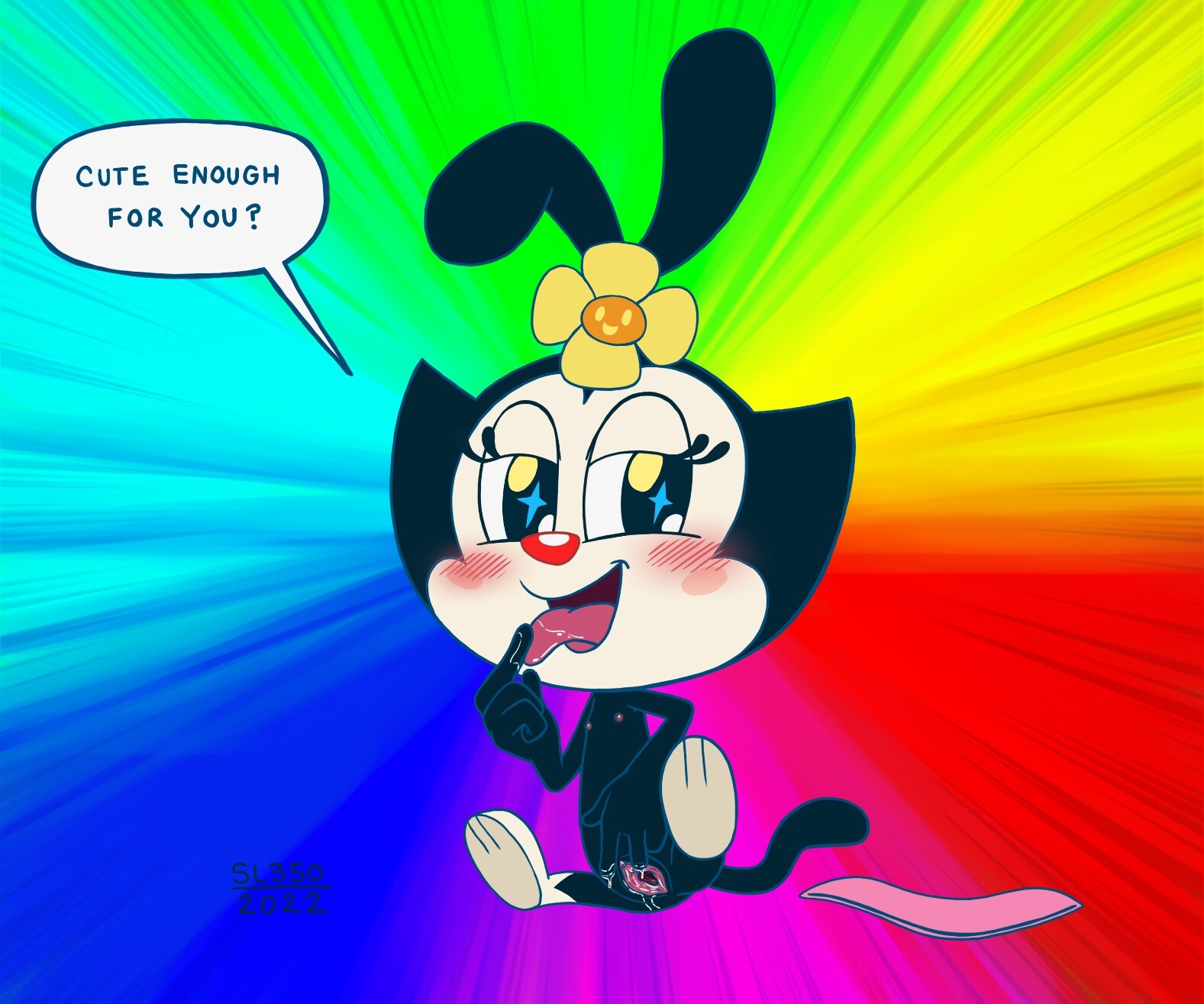 sl350, dot warner, animaniacs, warner brothers, blue background, english text, green background, hi res, pink background, pose, red background, simple background, speech bubble, text, yellow background, 2022, anthro, ass, barefoot, bedroom eyes, big eyes, big head, black body, black butt, black ears, black eyes, black hair, black tail, blush, bodily fluids, bottomwear, breasts, clothing, cub, dialogue, eyelashes, feet, female, female only, flower, genital fluids, genitals, hair, half-closed eyes, hand on tongue, happy, humanoid genitalia, humanoid pussy, inkblot, lagomorph, leporid, long ears, long tail, looking at viewer, mammal, narrowed eyes, nipples, nude, nude anthro, nude female, on ground, open mouth, pink nipples, pink pussy, pink tongue, plant, portrait, presenting, presenting pussy, pussy, pussy juice, question, question mark, rabbit, rainbow background, raised tail, red nose, round head, round nose, seductive, short hair, sitting, skirt, small breasts, small nipples, smile, smiling at viewer, solo, sparkles, spread legs, spread pussy, spreading, tail, talking to viewer, tongue, tongue out, toony, white body, young, 