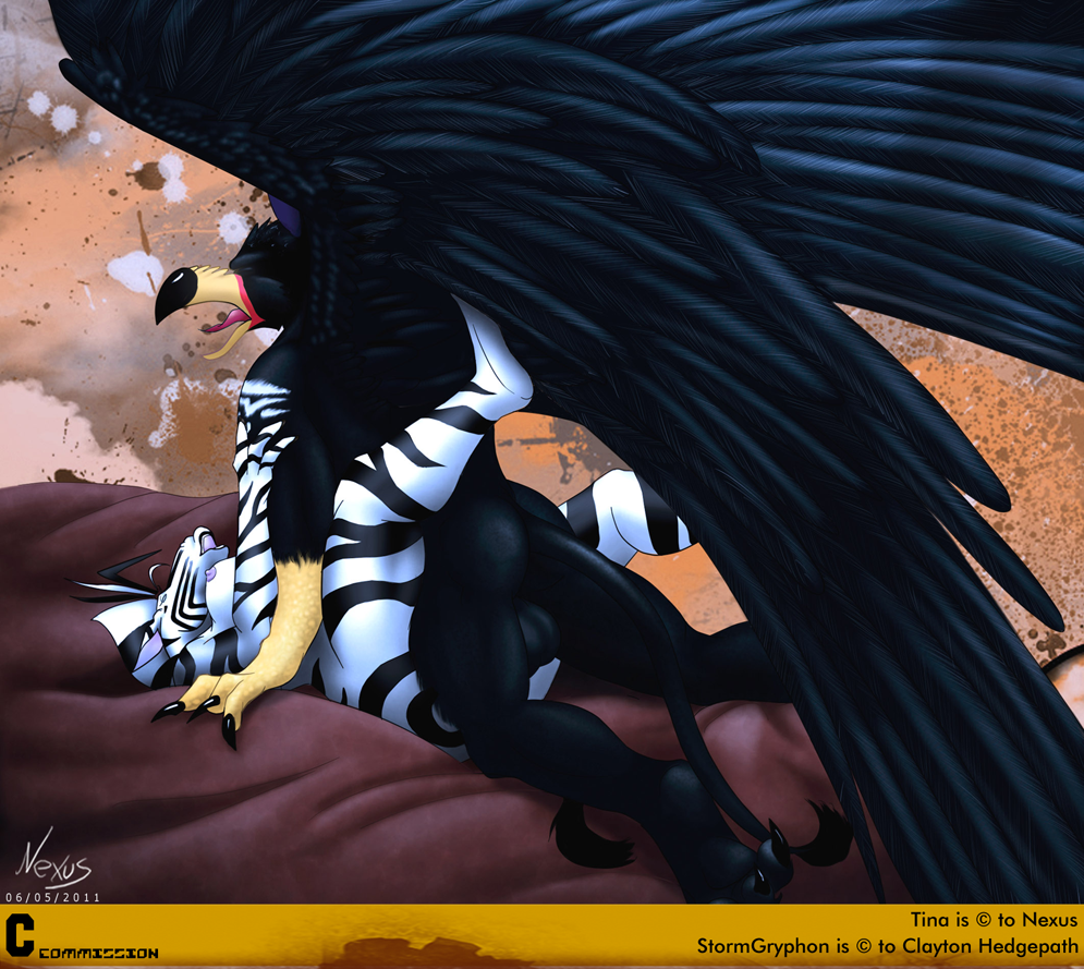 nexus, avian, balls, breasts, equine, feathers, female, gryphon, male, sex, straight, wings, zebra, 