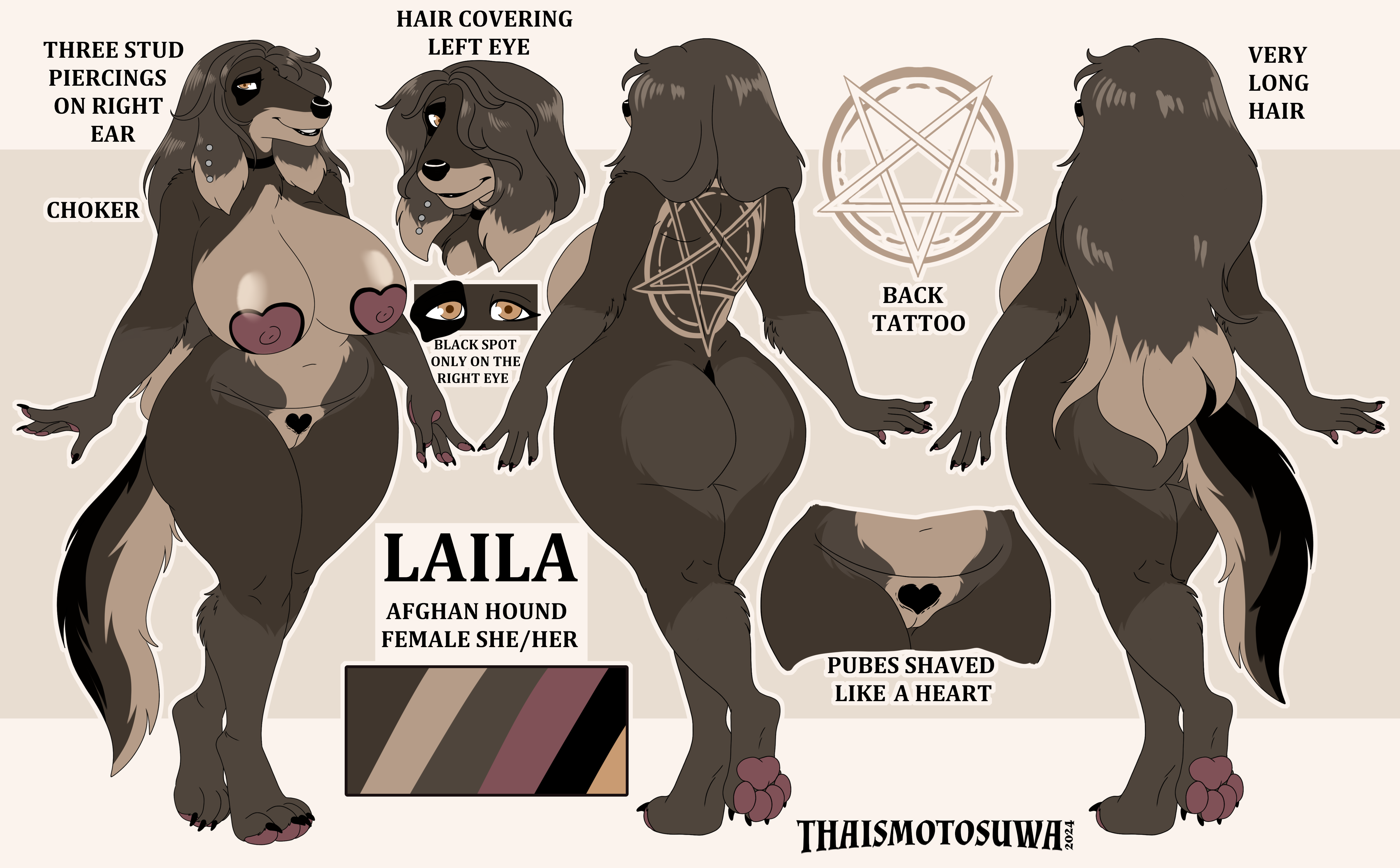2024 absurd_res afghan_hound anthro areola ass big_ass big_butt breasts canid canine canis domestic_dog female hair hair_over_eye heart_areola heart_pubes hi_res hunting_dog mammal model_sheet occult_symbol pawpads paws pentagram piercing pubes reference_guide reference_to_character sighthound solo symbol tattoo thaismotosuwa thick_thighs