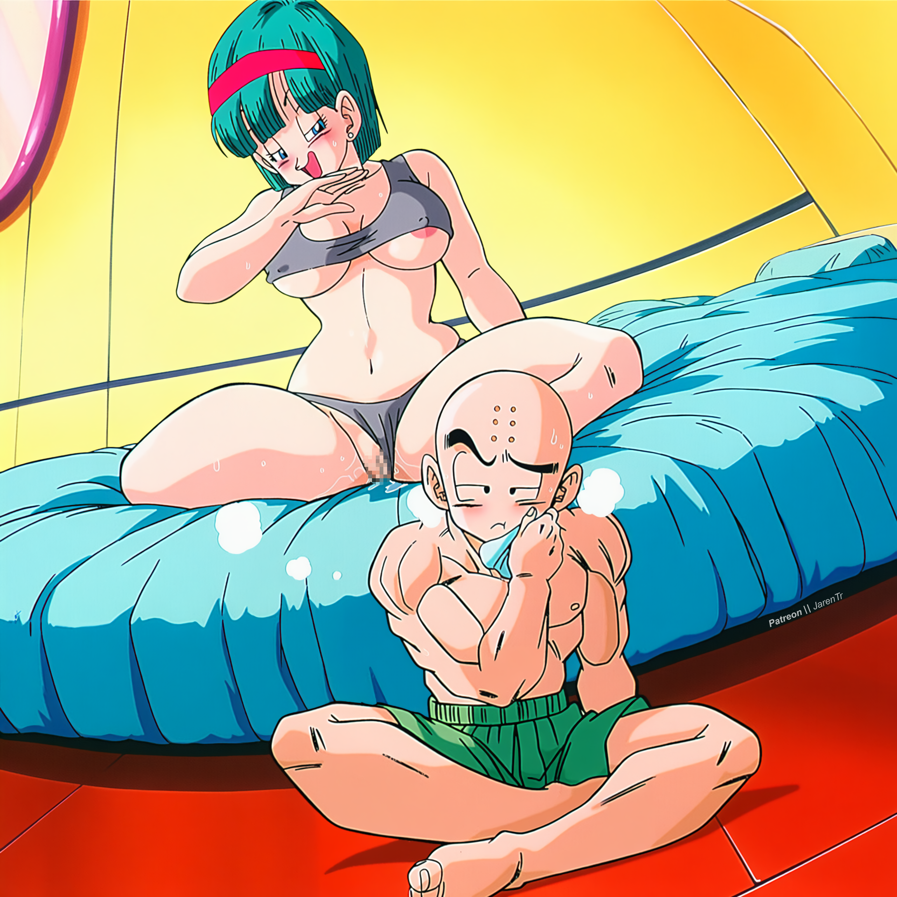 1boy 1girls ai_generated areolae_visible_through_clothing bare_thighs big_breasts blue_eyes blush bulma_briefs cyan_hair dragon_ball dragon_ball_z hairband huge_breasts huge_thighs jarentr krillin light-skinned_female light-skinned_male light_skin massive_breasts muscular_male panties panties_aside pussy_juice short_hair smiling squatting sweat sweatdrop tank_top thick_body thick_female thick_thighs thighhighs thighs voluptuous voluptuous_female