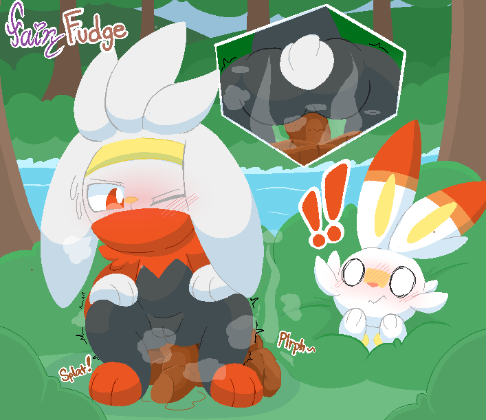 ambiguous_gender anthro ass biped blush bodily_fluids breath cotton_tail covered_mouth crouching cutaway digital_media_(artwork) excessive_feces exclamation_point fairyfudge feces feces_pile female female_pooping forest generation_8_pokemon genitals hands_on_knees hands_on_legs heart_symbol hiding hyper_feces hyper_scat nintendo one_eye_closed orange_eyes plant pokemon pokemon_(species) pooping pooping_on_floor pooping_on_grass pussy raboot scat scorbunny signature sound_effects steam sweat sweatdrop tree voyeur wide_eyed
