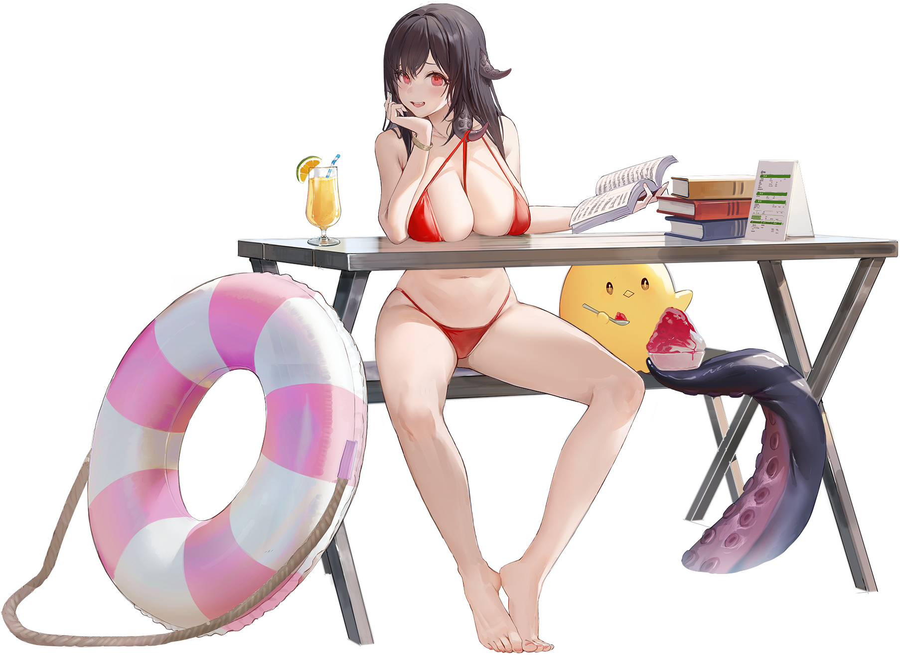 azur_lane bare_arms bare_legs bare_shoulders barefoot bikini black_background black_hair book bracelet breast_rest breasts breasts_on_table cg cleavage cup drinking_straw feet female food fruit full_body halterneck head_rest holding innertube jewelry large_breasts legs long_hair looking_at_viewer navel official_alternate_costume official_art open_book open_mouth red_bikini red_eyes royal_fortune_(azur_lane) royal_fortune_(eyes_on_the_prize)_(azur_lane) shaved_ice simple_background sitting smile solo stomach swim_ring swimsuit table tentacle toes