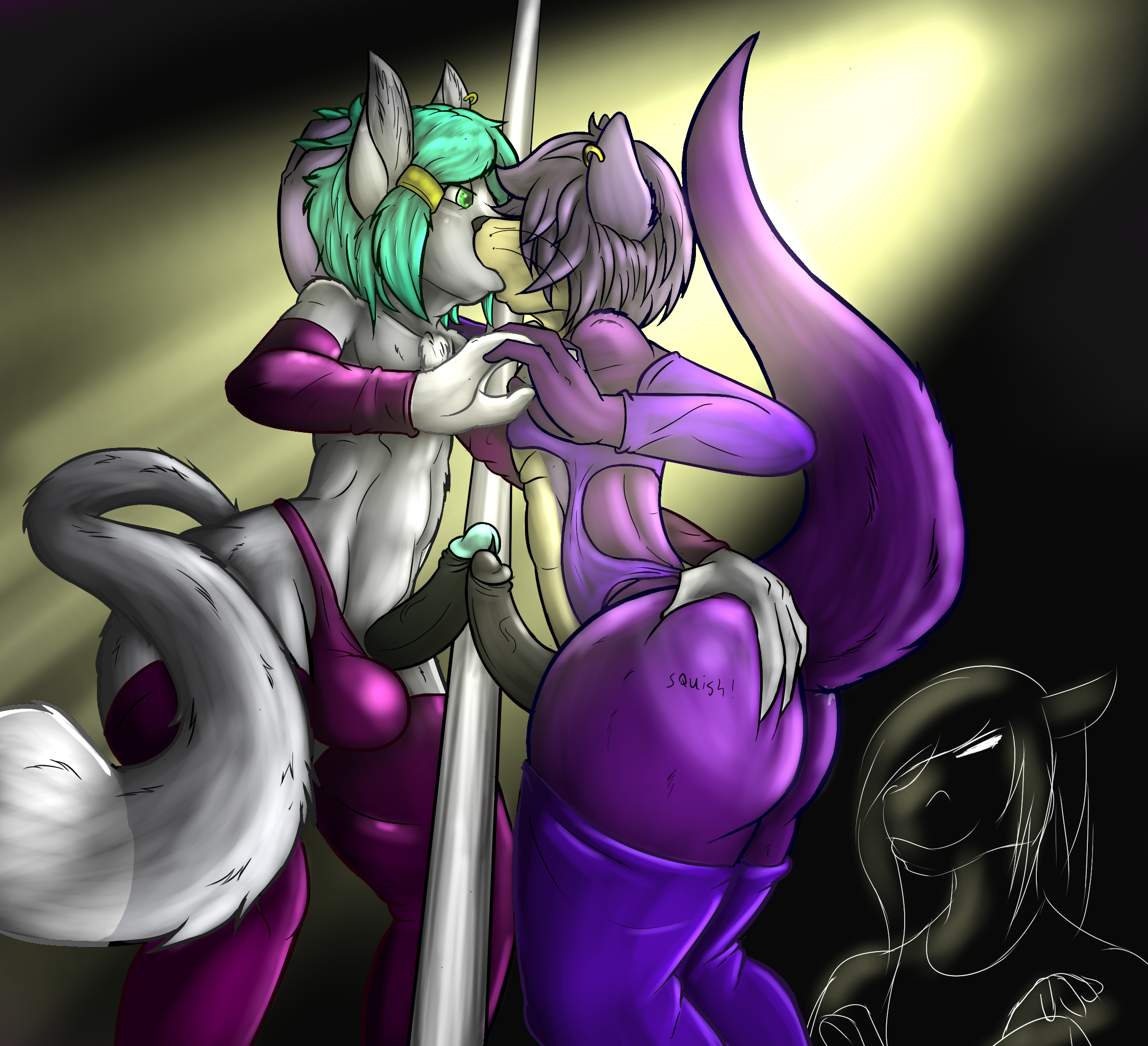 makarimorph, anthro, ass, big butt, clothing, crossdressing, dancing, duo focus, girly, group, legwear, male, penis, pole, pole dancing, stockings, thong, wide hips, 