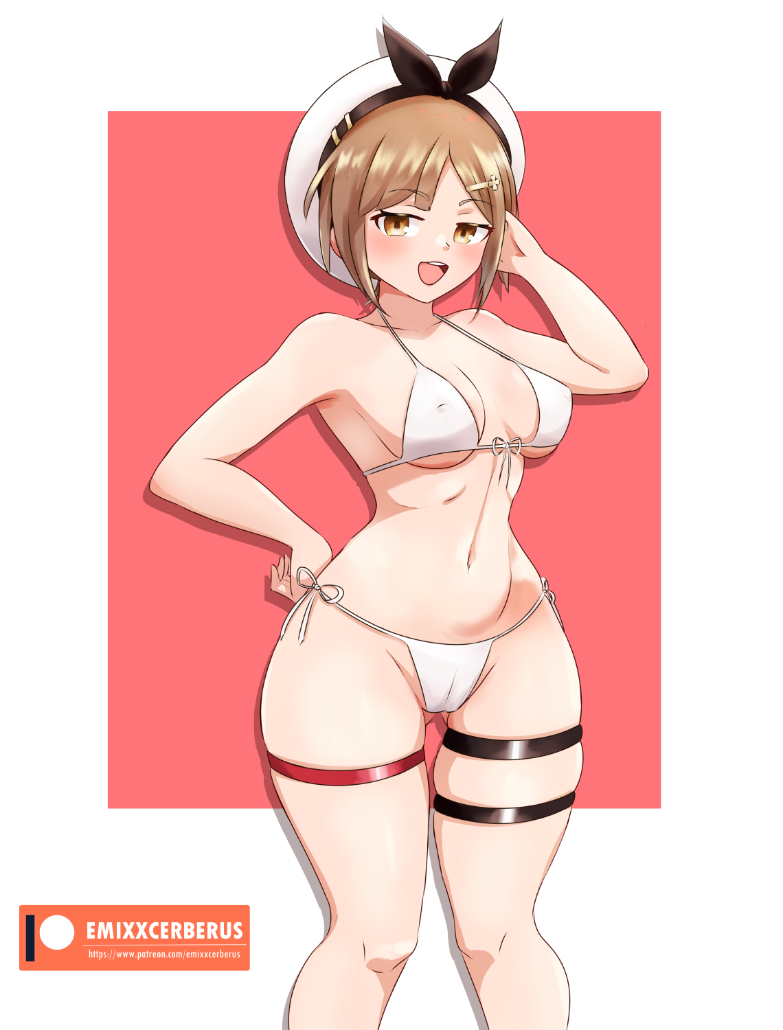 reisalin stout, atelier (series), alternate version available, 1girls, big breasts, bikini, bikini bottom, bikini top, blush, bottomwear, breasts, brown eyes, brown hair, cleavage, emixxcerberus, female, female only, hand behind head, hand on hip, hat, headwear, hips, smile, solo, solo female, swimwear, thick thighs, thigh strap, thighs, topwear, white bikini, wide hips, 