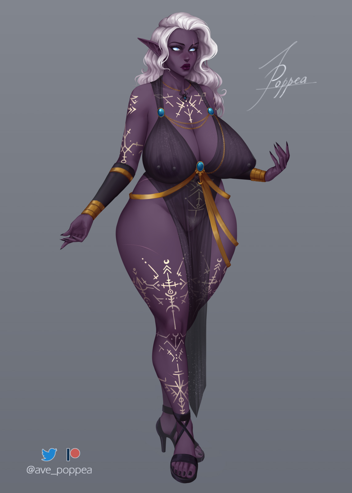 oc, ave poppea, cleavage, dark elf, elf, female only, high heels, huge breasts, long hair, nipple piercing, nipples, pointy ears, pubic hair, revealing clothes, see-through, solo, tattoo, thick thighs, white hair, 