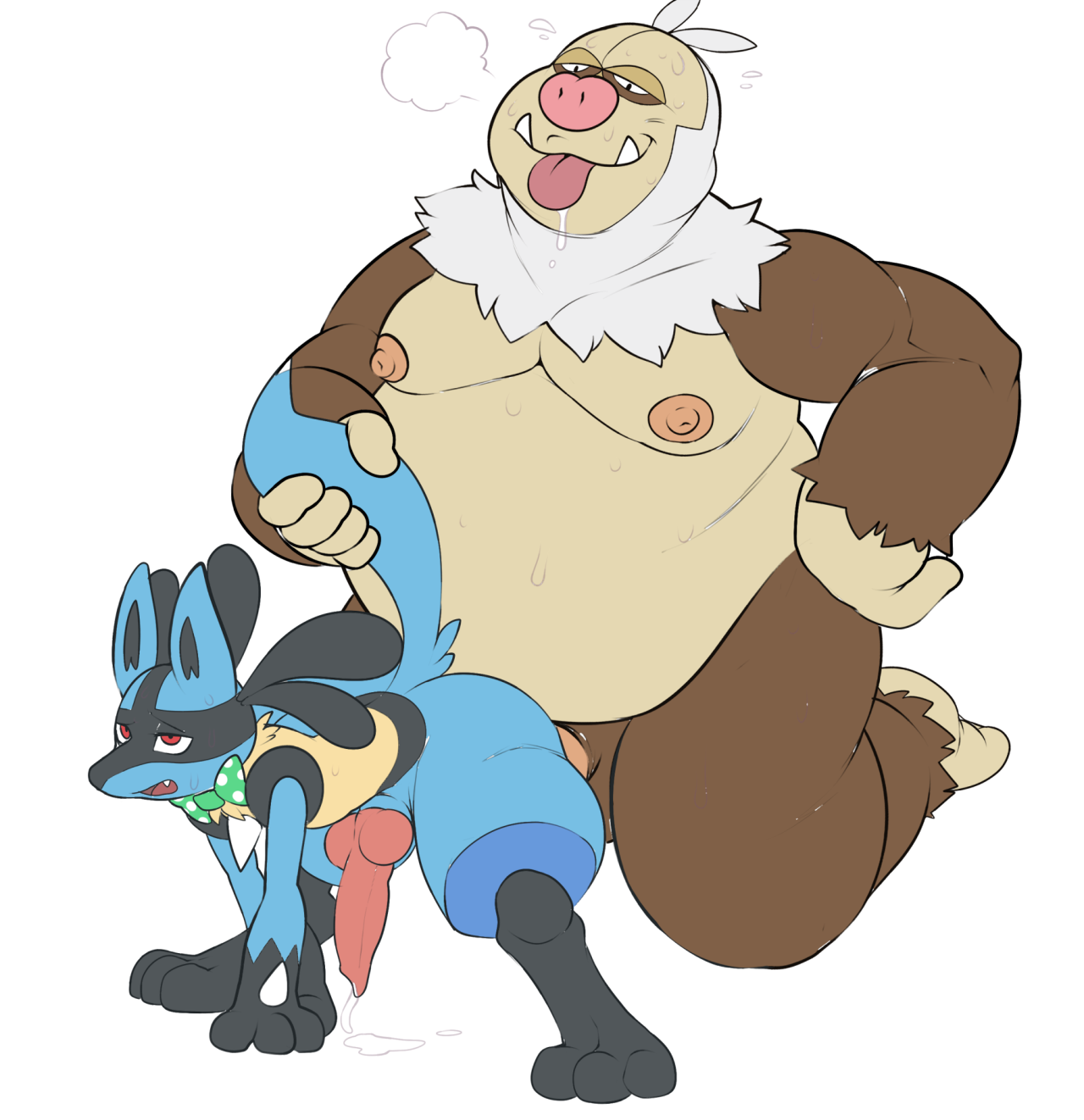 eroborus, ero (character), lucario, slaking, nintendo, flat colors, all fours, alternate species, animal genitalia, animal penis, anthro, barefoot, big dom small sub, bow tie, canine, canine penis, drooling, erection, hand on hip, kneeling, knot, male only, mammal, moobs, musclegut, nipples, open mouth, orgasm face, overweight male, penis, penis base, pokemon, primate, saliva, size difference, sweat, tail grab, tongue, tongue out, tusks, video games, 