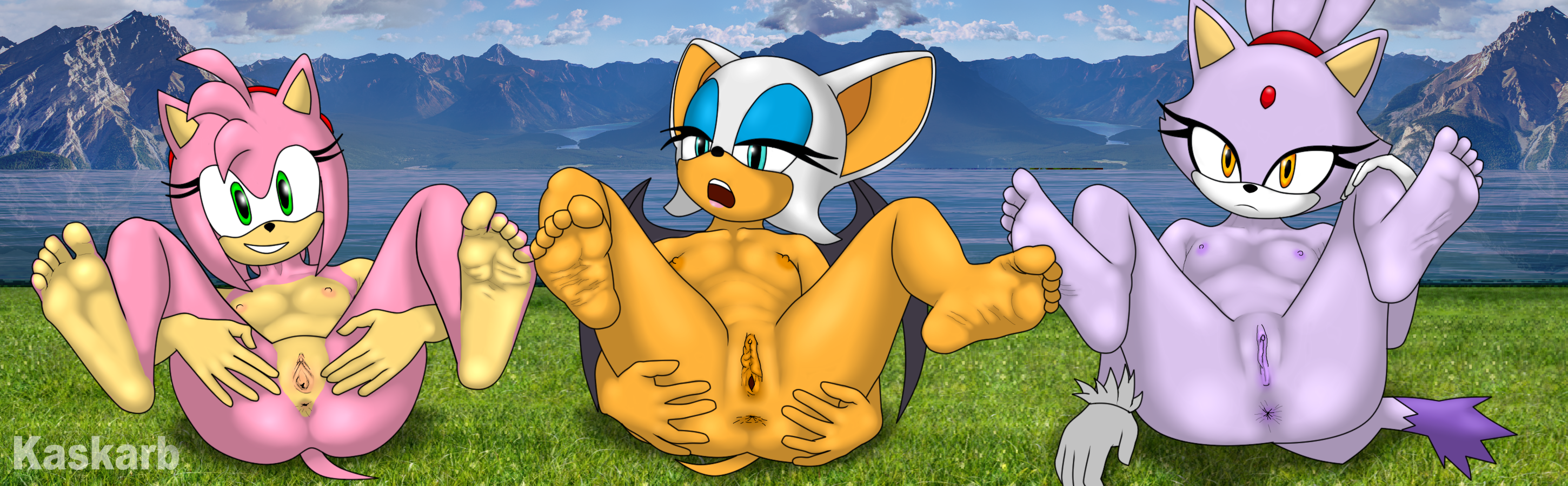 kaskarb, amy rose, blaze the cat, rouge the bat, sonic (series), 3girls, anthro, anus, ass, blue eyes, breasts, green eyes, nipples, nude, smiling, soles, tail, toes, vagina, wings, yellow eyes, 