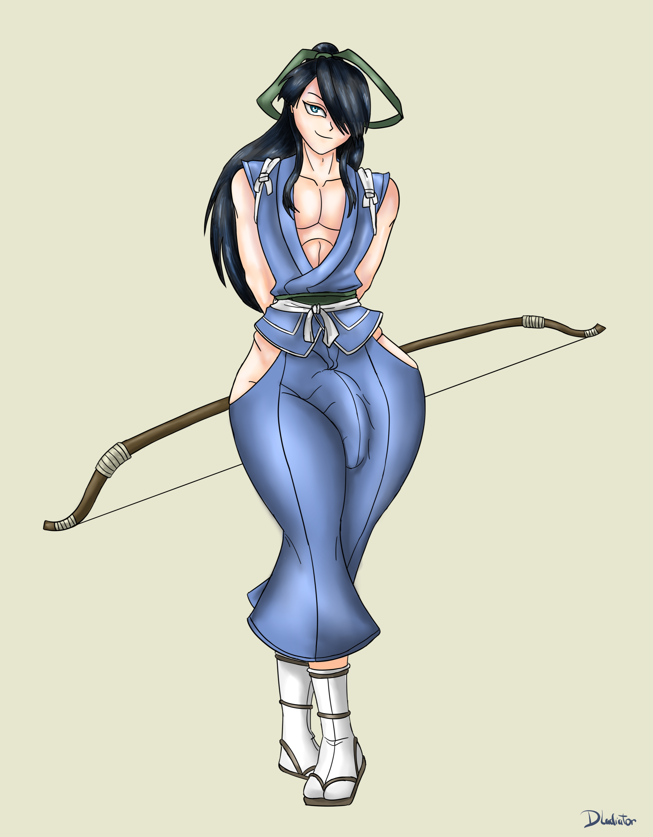 1boy 2d archer artist_name artist_signature big_penis black_hair bow_(weapon) bulge bulge_down_leg clothed clothed_male dladiator drifters erection_under_clothes femboy femboy_only feminine_male hair_over_one_eye hip_vent japanese_clothes long_hair male male_only nasu_no_yoichi non-nude pants penis penis_bulge penis_under_clothes sandals simple_background solo standing tagme thick_thighs thin_waist tied_hair weapon wide_hips