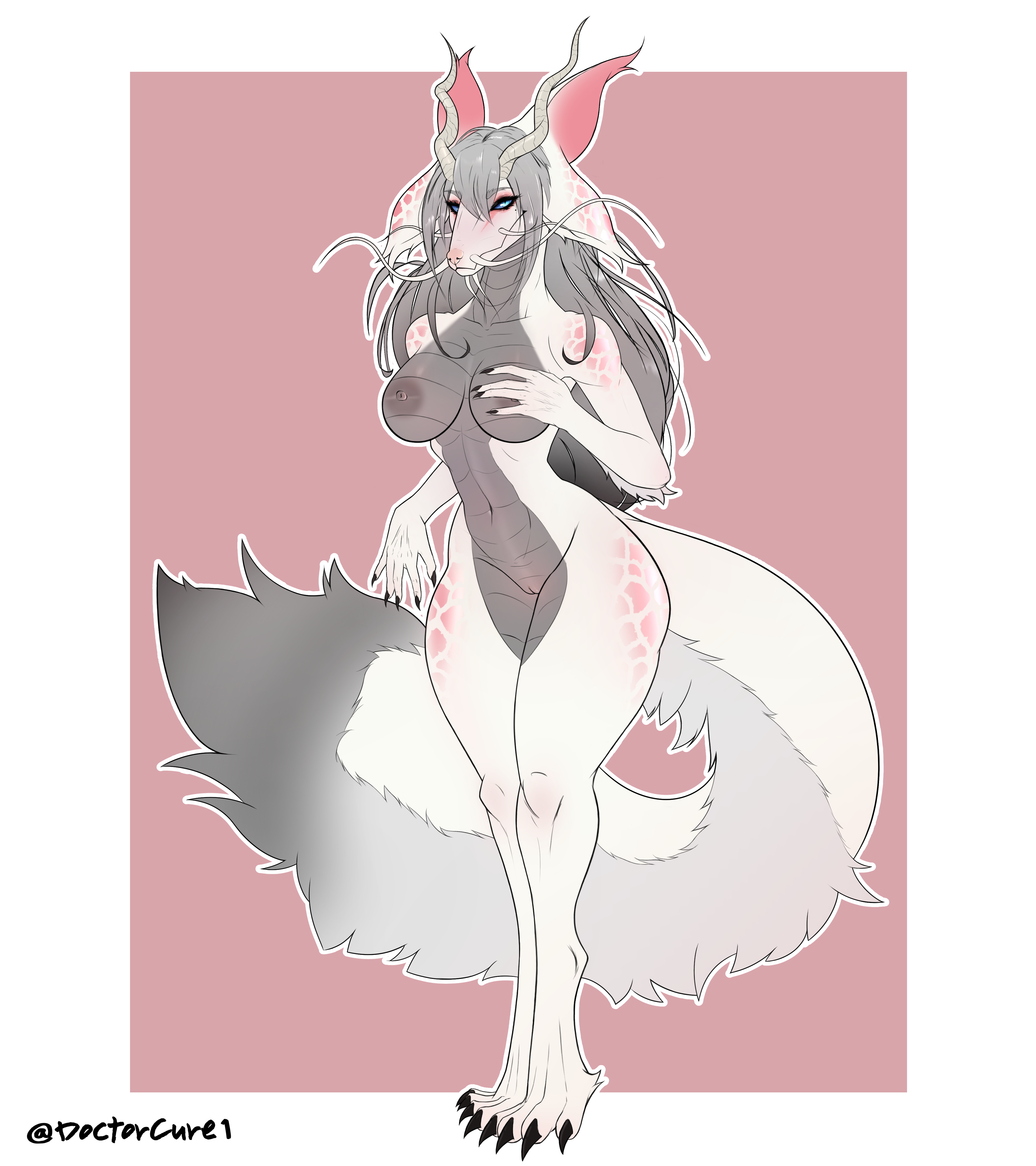 2025 2_horns 4_toes 5_fingers absurd_res antelope_horn anthro areola arm_tuft artist_name ass athletic bedroom_eyes big_breasts big_tail biped black_claws blue_eyes blush bovid_horn breasts capcom claws colored curvy_figure digital_drawing_(artwork) digital_media_(artwork) digitigrade doctorcure dragon ear_tuft eastern_dragon elbow_tuft english_text exposed eyelashes eyewear fan_character feet female female_anthro fingers fluffy fluffy_tail fur genitals gesture glistening glistening_body glistening_butt glistening_hair glistening_scales grey_areola grey_body grey_hair grey_scales hair hi_res holding_arm holding_breast horn hourglass_figure huge_hips innie_vulva leviathan_(mh) long_hair long_neck looking_at_viewer makeup markings mascara mature_anthro mature_female mizuki_(doctorcure) mizutsune mole_(marking) monster_hunter multicolored_body multicolored_fur multicolored_tail muscle_tone mythological_creature mythological_scalie mythology narrowed_eyes navel nipples non-mammal_breasts non-mammal_navel non-mammal_nipples non-mammal_vulva nude pink_body pink_ears pink_scales pinup pose presenting scales scalie seductive signature simple_background small_waist smile smiling_at_viewer snout solo standing tail talons text thick_thighs toe_claws toes toned_female tuft vulva whiskers white_body white_sclera wide_hips
