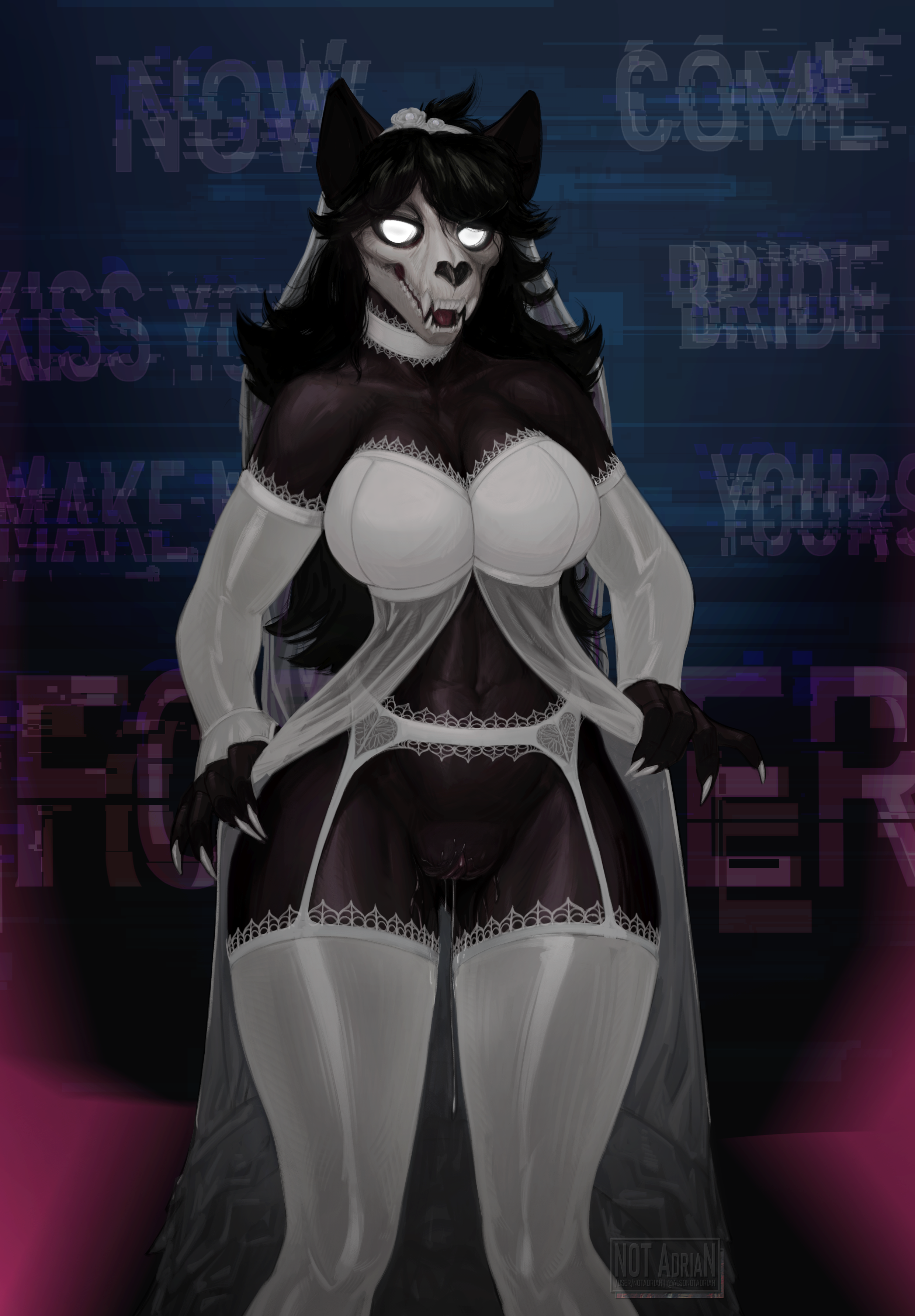 1girls absurd_res alsonotadrian anthro arm_warmers armwear big_breasts black_body black_hair bodily_fluids bone bottomless breasts bridal_lingerie canid canine choker clothed clothing curvy_figure dress female furry garter_straps genital_fluids glowing glowing_eyes hair hi_res jewelry lace legwear lingerie long_hair long_nails mal0 malo mammal monster necklace no_pupils notadrian pussy pussy_juice_string scp-1471 scp-1471-a scp_foundation sharp_teeth skull solo teeth thick_thighs thigh_highs translucent translucent_clothing vaginal_fluids wedding_dress wolf wolf_girl