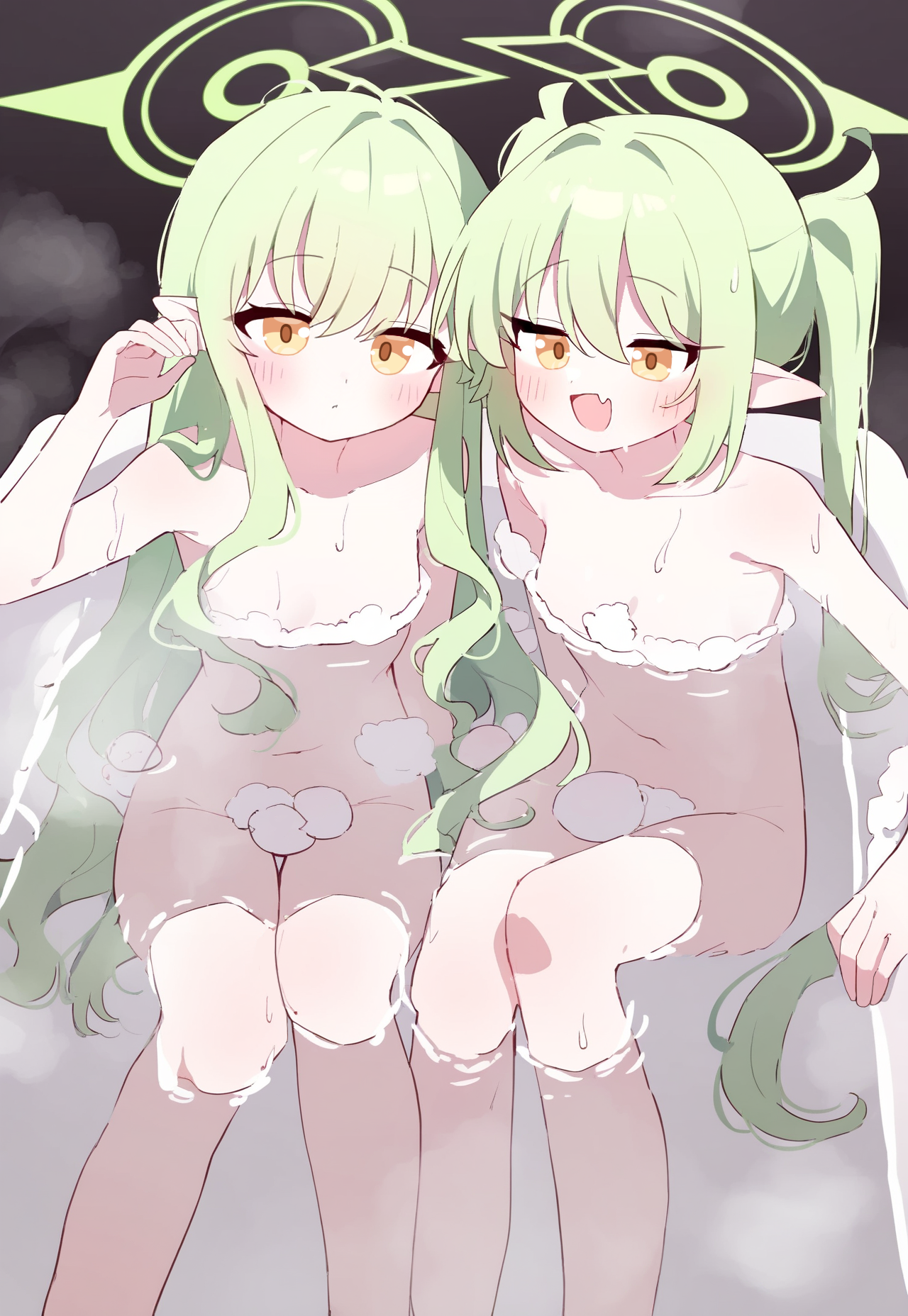 2girls arm_rest auto_ins bathing bathtub blue_archive blush breasts closed_mouth collarbone completely_nude convenient_censoring feet_out_of_frame female green_hair green_halo hair_between_eyes halo hand_up highres hikari_(blue_archive) knees_together_feet_apart knees_up long_hair long_sidelocks looking_at_viewer multiple_girls navel nozomi_(blue_archive) nude oerba_yun_fang open_mouth partially_submerged pointy_ears sidelocks sitting skin_fang small_breasts smile soap_bubbles soap_censor swept_bangs thigh_gap twintails very_long_hair water yellow_eyes