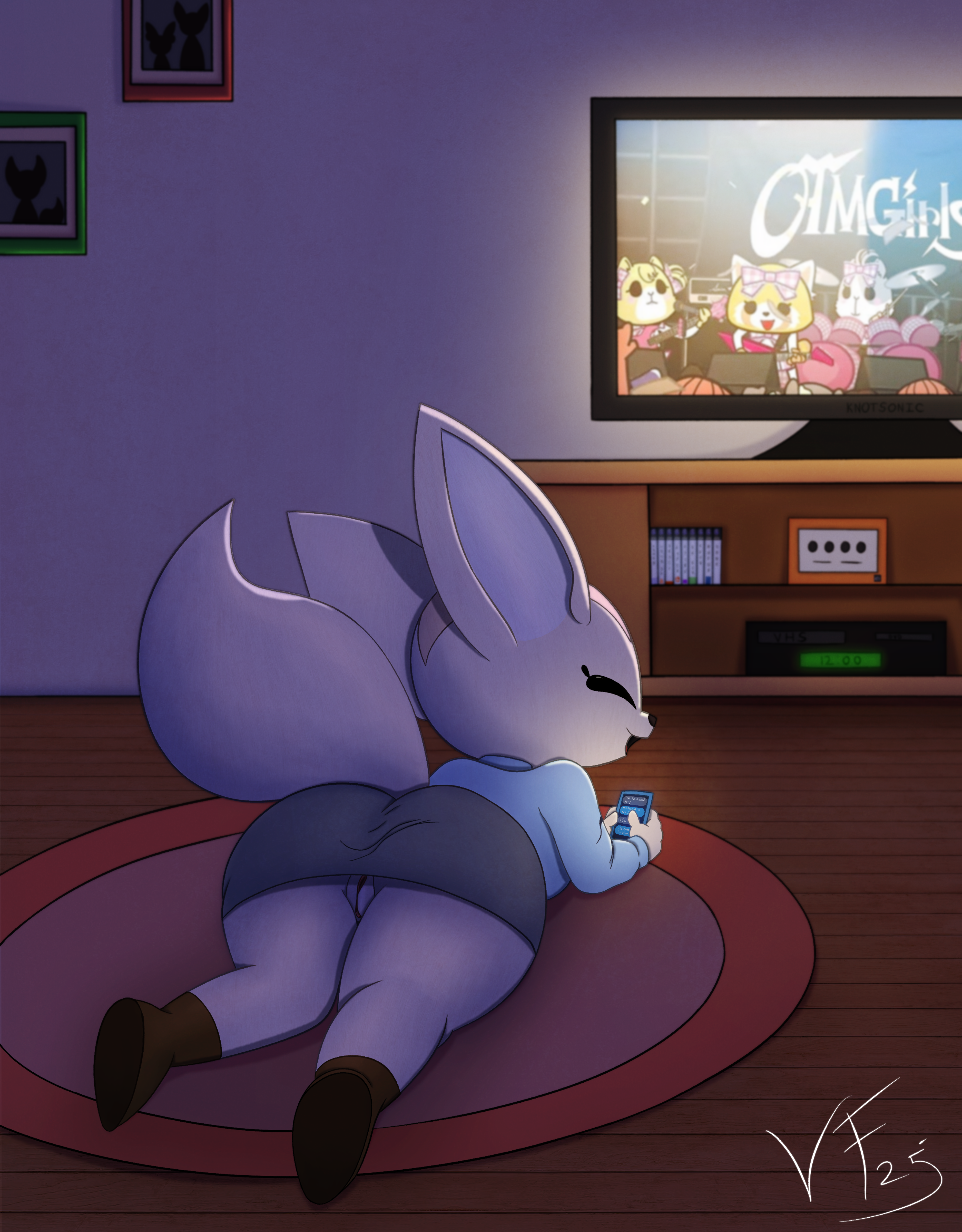 absurd_res aggretsuko anthro ass barely_visible_genitalia barely_visible_vulva big_butt big_ears big_head black_eyes blue_clothing blue_shirt blue_topwear boots bottomwear brown_body brown_boots brown_clothing brown_footwear brown_fur canid canine cellphone circle_rug clothed clothing concert dark_room electronics entertainment_center facing_away_from_viewer female fennec_fox fenneko floor fluffy fluffy_tail footwear fox framed_picture fur game_console gamecube genitals glowing grey_bottomwear grey_clothing grey_ears grey_skirt grey_wall hard_shadows hi_res looking_at_viewer looking_back lying mammal narrowed_eyes nintendo no_underwear on_front open_mouth otmgirls performance phone phone_screen presenting raised_tail retsuko rug sanrio screen shaded shadow shirt shoes short_stack skirt smartphone smile smiling_at_viewer smirk soft_shading solo squint squinted_eyes tail tan_body tan_fur teasing teasing_viewer television texting topwear true_fox tv_glow upskirt vancefluff vcr visible_pussy vulva white_ears wood wood_floor