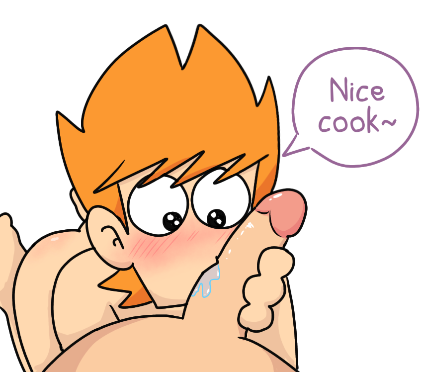 eddsworld, 2d, simple background, text, white background, 2boys, ass, blowjob, blush, erect penis, erection, fellatio, gay, ginger hair, handjob, kneeling, male focus, matt (eddsworld), nirivi, nude, nude male, oral, orange hair, penis, saliva, 