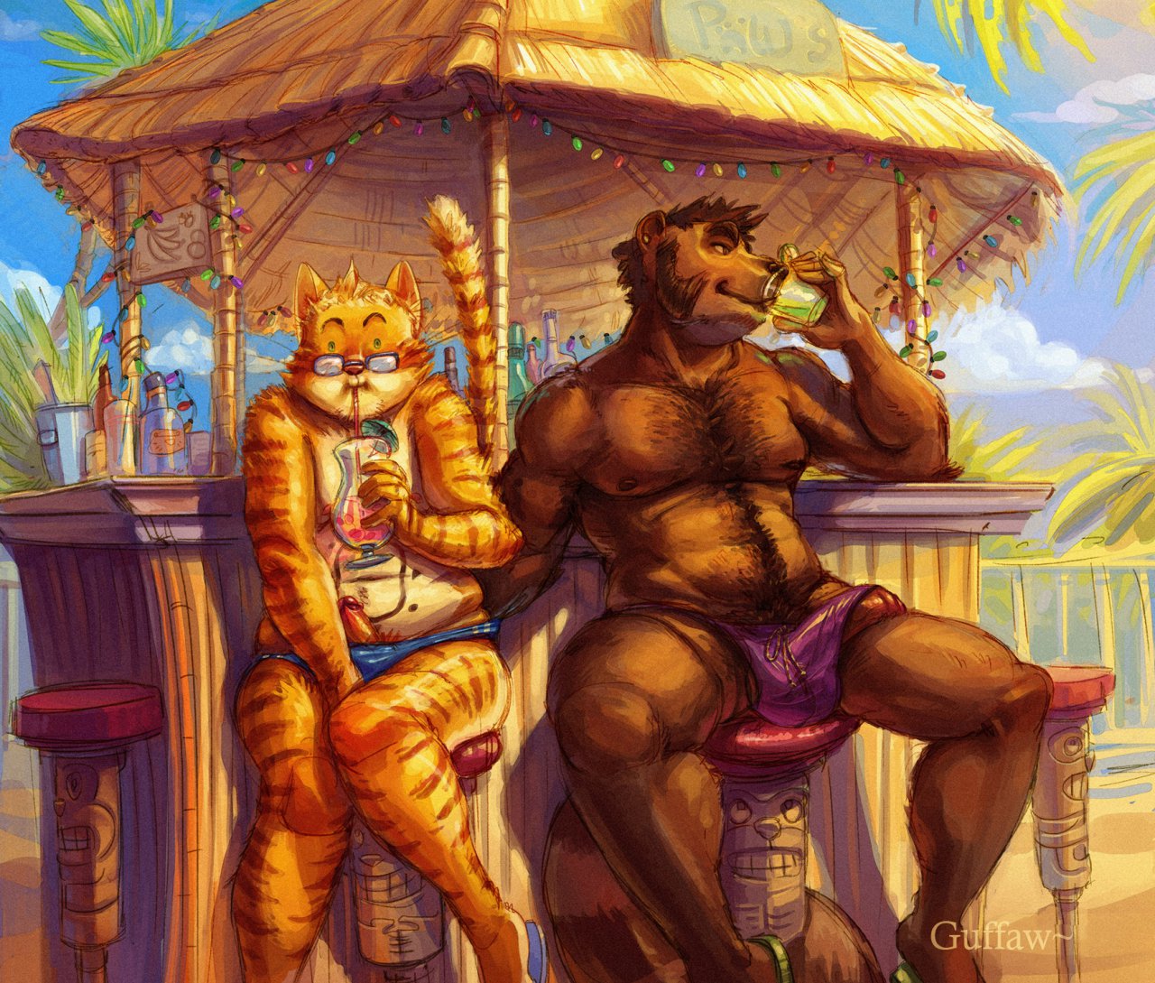guffaw, anthro, bar, bear, bottle, brown fur, chair, drink, drinking, erection, eyewear, feline, fur, furry, furry only, gay, glasses, male, orange fur, outside, penis, swimsuit, 