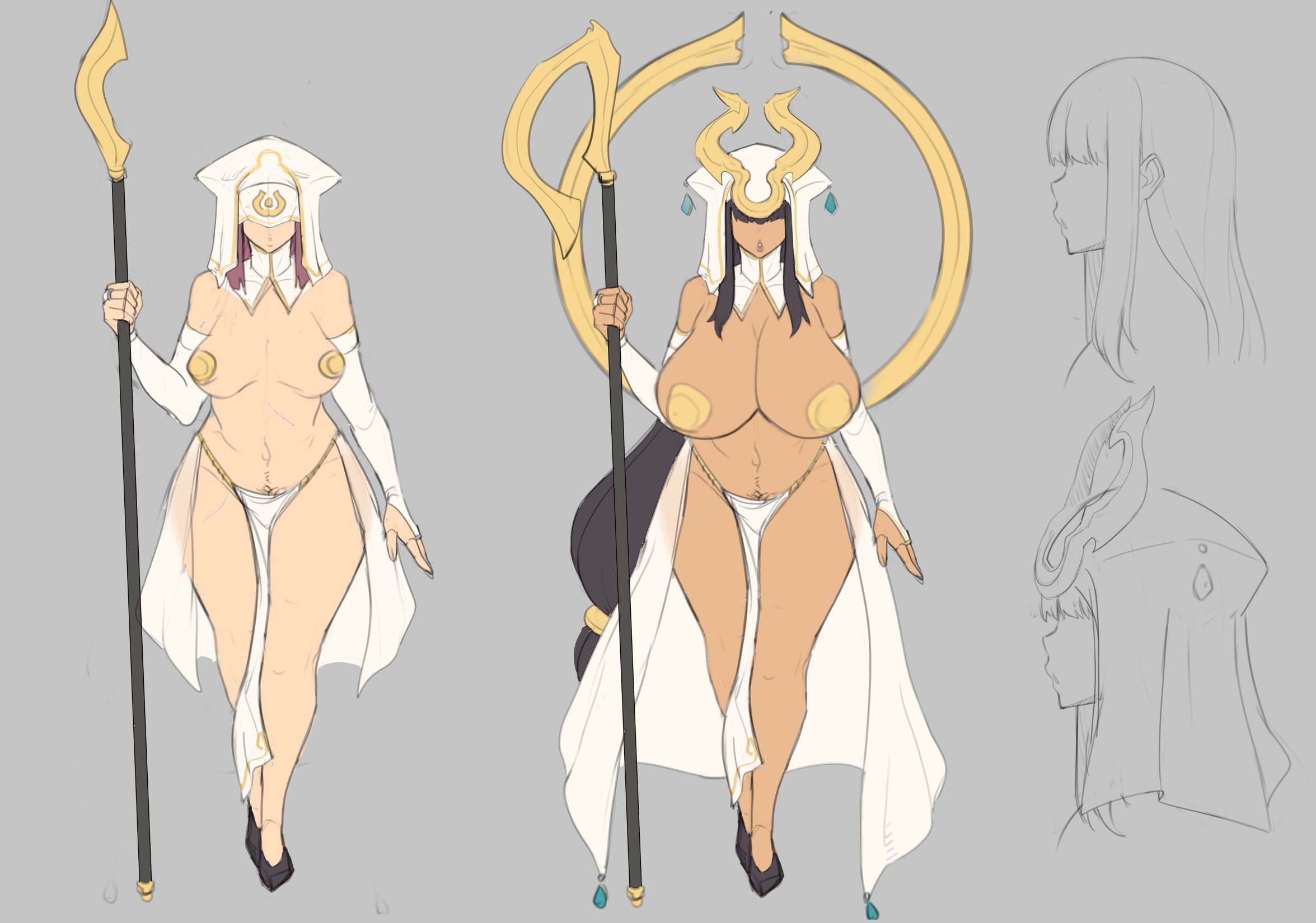 metal owl, original character, original, partially colored, sketch, 1girls, bangs, big breasts, blinding bangs, dark-skinned female, dark skin, hair over eyes, hairy, long hair, milf, priestess, staff, thick thighs, white clothes, wide hips, 