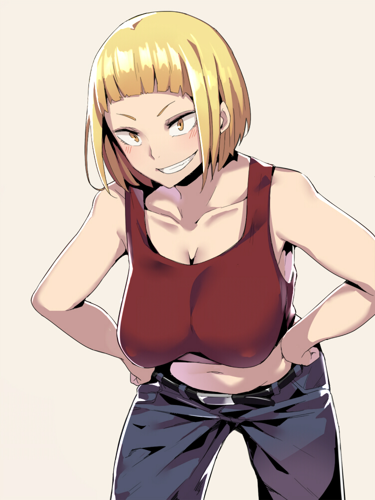 tanaka saeko (haikyuu!!), haikyuu!!, simple background, 1girls, belt, blonde hair, blush, breasts, clenched teeth, clothes, erect nipples, female, female only, large breasts, looking at viewer, pants, shiny, shiny skin, short hair, smile, solo, stomach, teeth, yellow eyes, 