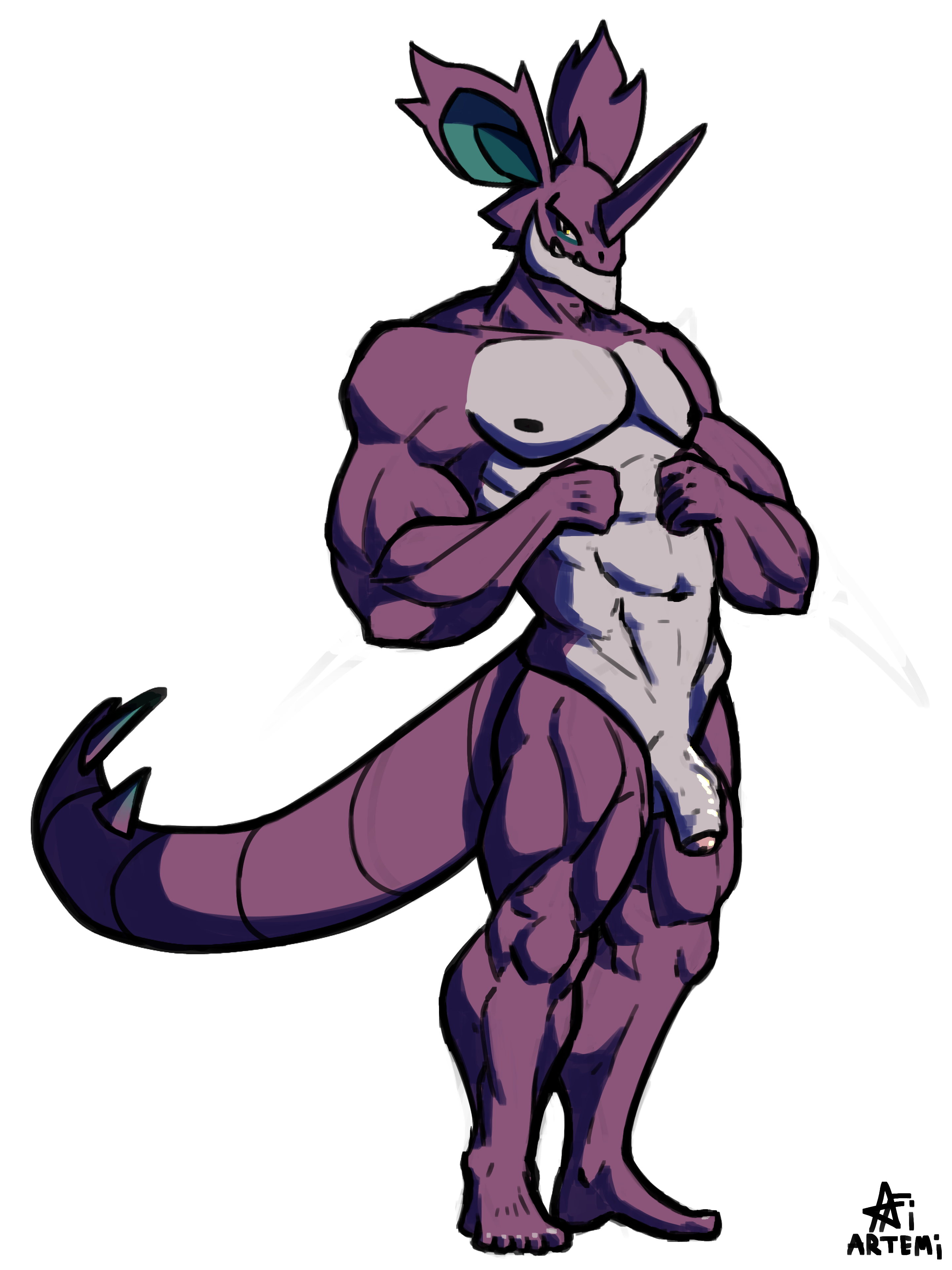 3:4 abs absurd_res anthro artemi balls flaccid generation_1_pokemon genitals hi_res looking_at_viewer male muscular muscular_anthro muscular_male nidoking nintendo nipples nude pecs penis pokemon pokemon_(species) purple_body solo
