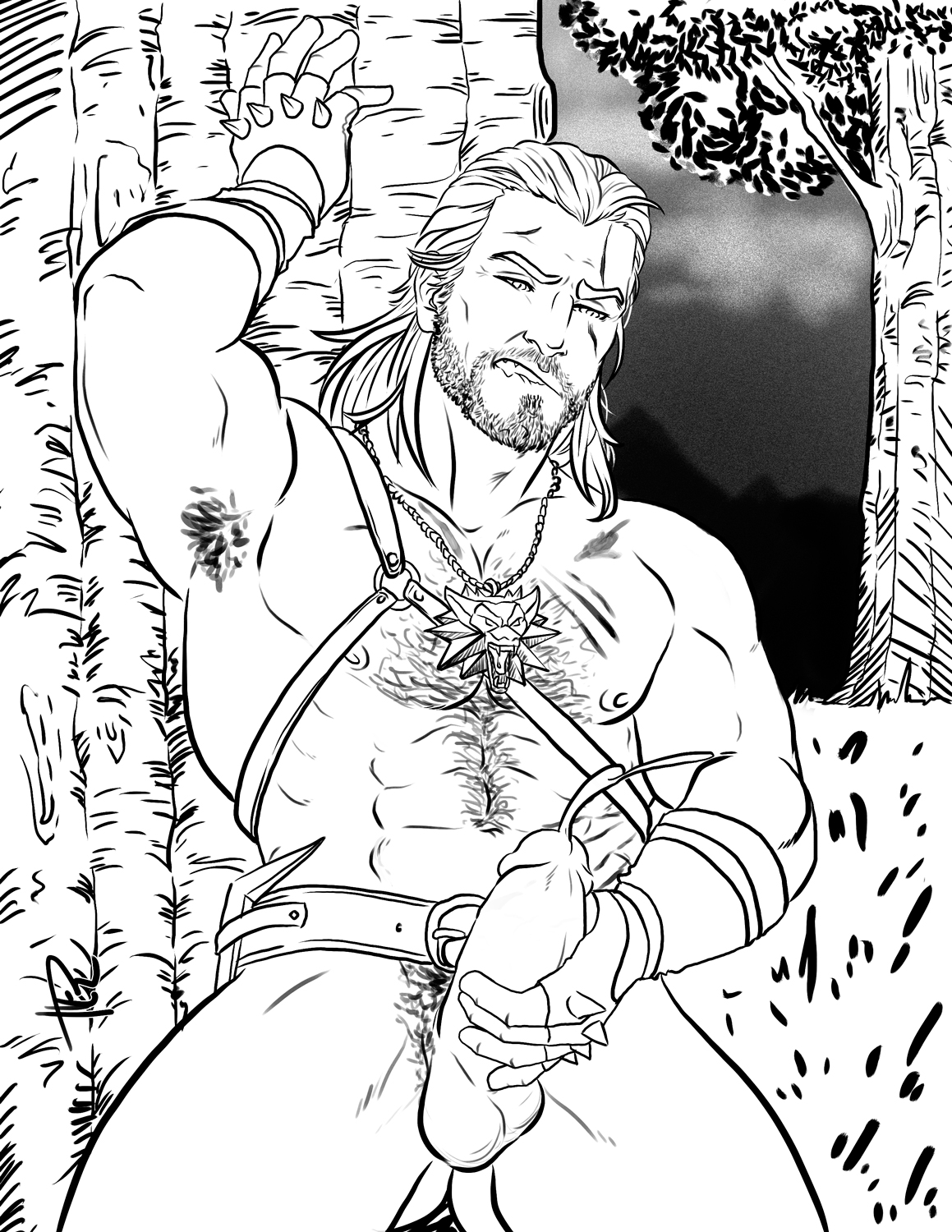 <b>geralt</b> <b>of</b> <b>rivia</b>, the <b>witcher</b>, 1boy, abs, armpits, beard, biceps, cum, expos...