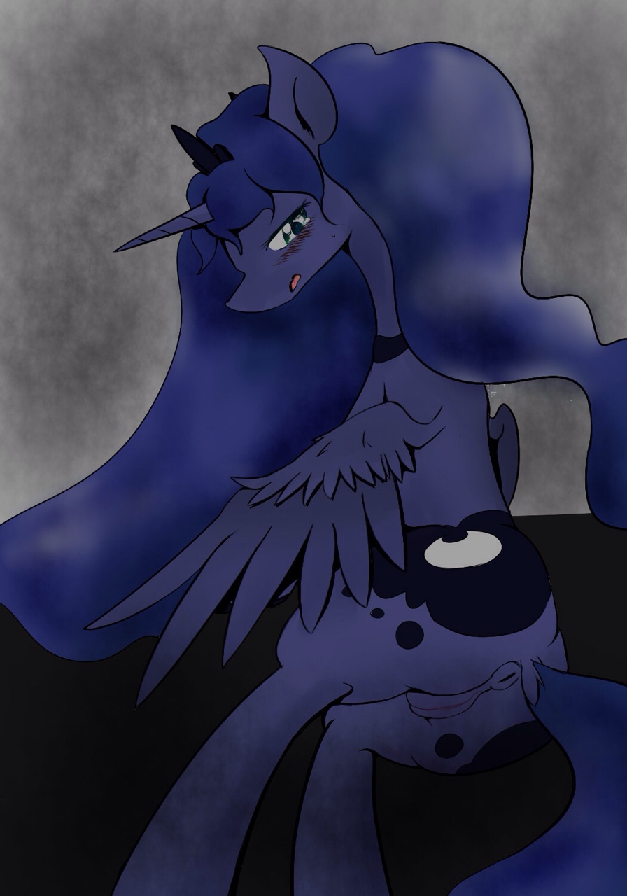 princess luna (mlp), friendship is magic, my little pony, alicorn, anus, ass, bed, blue fur, blue hair, blush, cutie mark, equine, feathers, female, fur, hair, hebibox, horn, long hair, looking at viewer, looking back, mammal, open mouth, presenting, puffy anus, pussy, raised tail, solo, teal eyes, wings, 