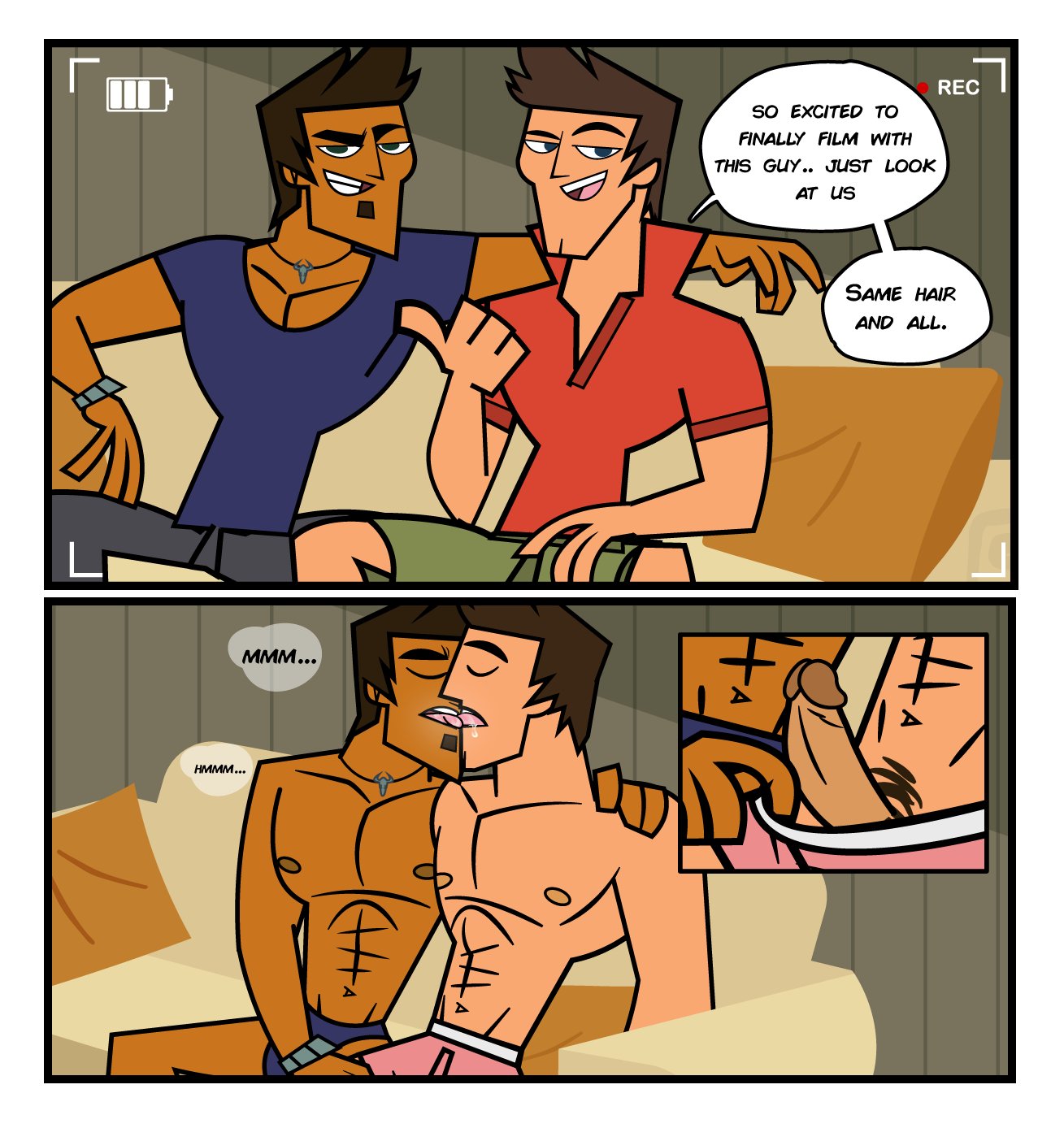total drama island, blue clothing, blue eyes, blue underwear, brady (tdi), brown hair, gay, green eyes, jose burromuerto (tdi), making out, male only, pink underwear, pubic hair, pulling clothing, red clothing, saliva, 