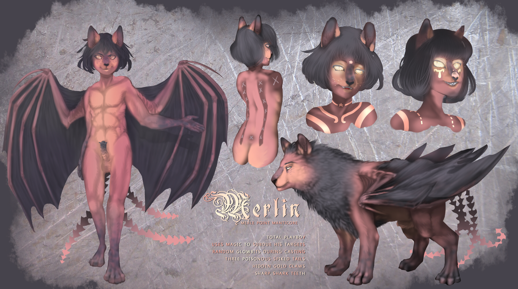 merlin (amethystos), original character, nintendo, highres, model sheet, realistic, simple background, 1boy, abs, amethystos, animal genitalia, anthro, arachnid, arthropod, ass, balls, bed sheet, bedding, cast, claws, dragon, dragon wings, feline, feral, girly, glowing, humanoid, hypnosis, lion, looking at viewer, magic, magic user, male, mammal, manticore, mind control, muscles, nude, open mouth, penis, pointing, pokemon, scalie, scorpion, siamese, smile, spell, standing, tongue, uncut, wings, 