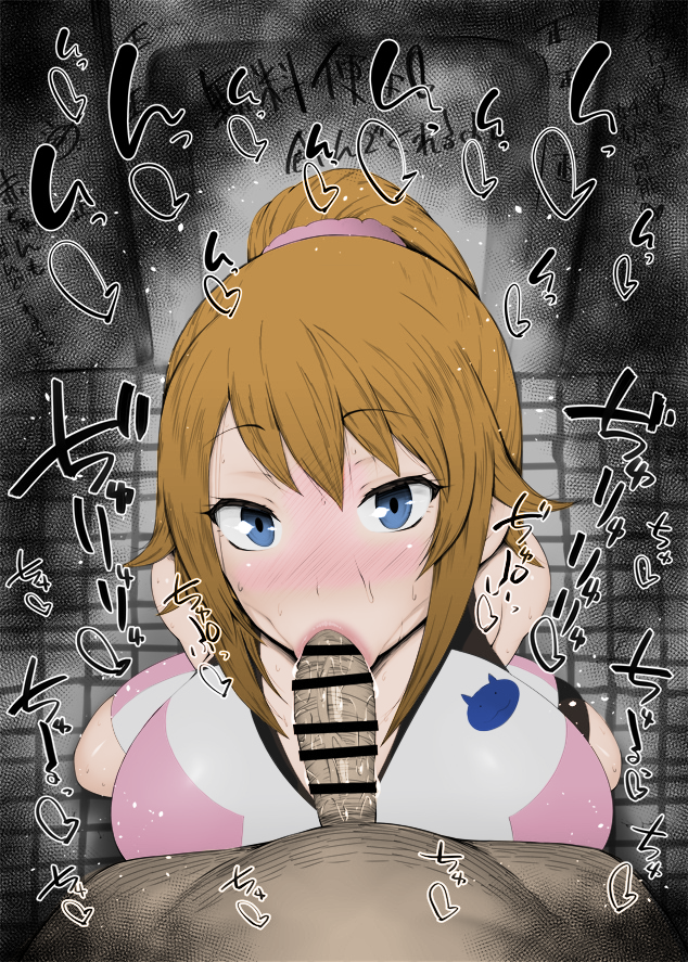 kurotama, hoshino fumina, gundam, gundam build fighters try, black and white, censored, color, colored, sketch, sound effects, text, 1boy, 1girls, bare shoulders, big breasts, big penis, blush, detailed background, drooling, eyelashes, fellatio, heart, human, indoor, inside, interracial, looking at viewer, male, male pov, oral, oral sex, ponytail, room, saliva, shiny, shiny skin, short hair, squatting, sweat, tied hair, vein, veins, veiny, veiny penis, 
