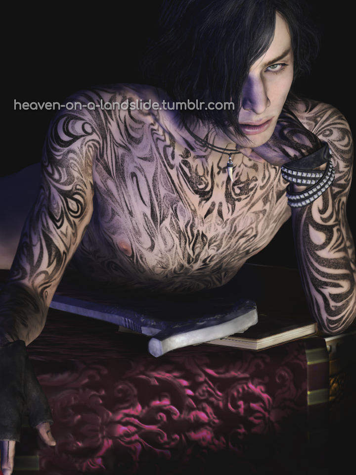 v (devil may cry), devil may cry, devil may cry 5, 1boy, black hair, book, choker, gloves, lying, male, medium hair, nipples, tattoo, tattoos, 