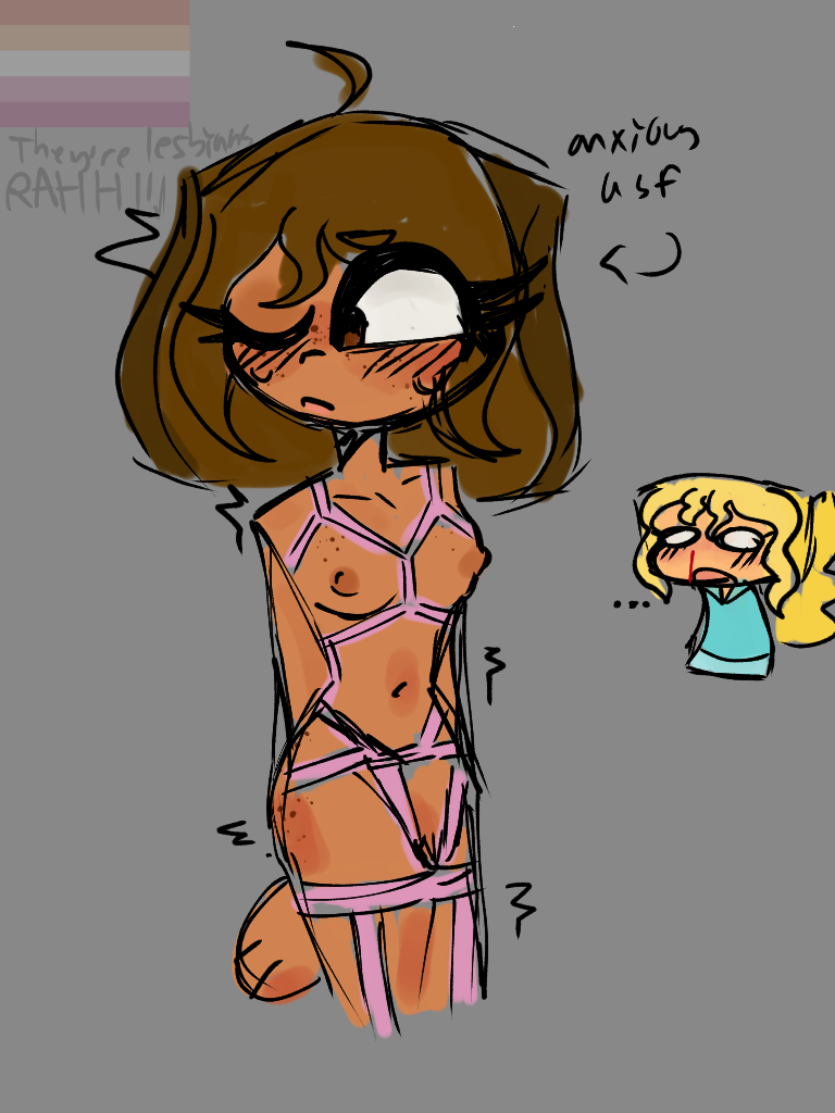 bridgette (tdi), courtney (tdi), total drama island, self upload, 2girls, anxious, blonde hair, blush, breasts, bridgney, brown hair, dark-skinned female, dark skin, embarrassed, female, female only, gay, nipples, nosebleed, pink lingerie, sillykitty , yuri, 
