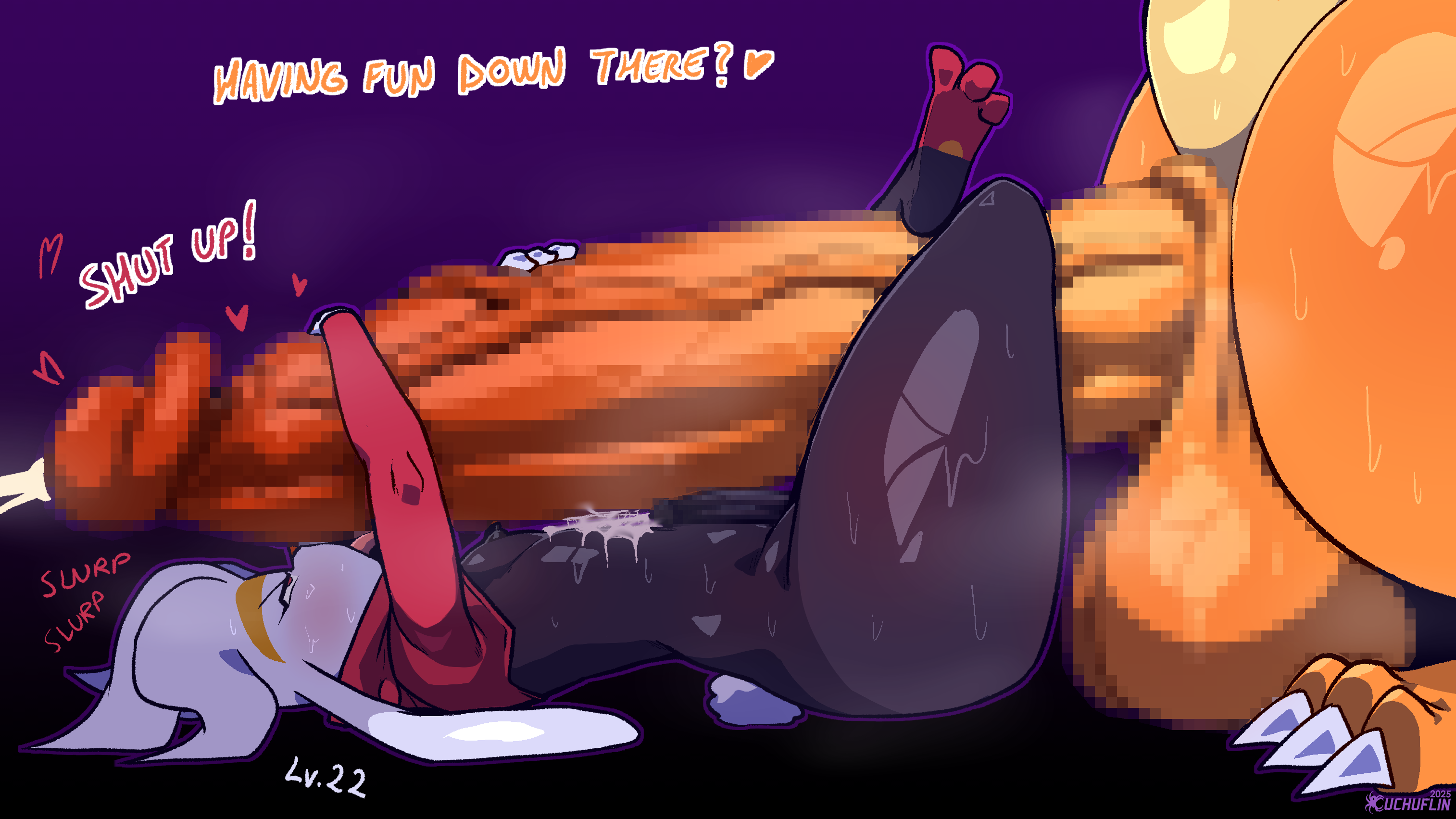 anthro charizard cinderace cindy_(cuchuflin) cuchuflin cum cumshot dialogue frottage generation_1_pokemon generation_8_pokemon large_penis licking licking_penis male male/male penis pokemon pokemon_(species) raboot size_difference sweat