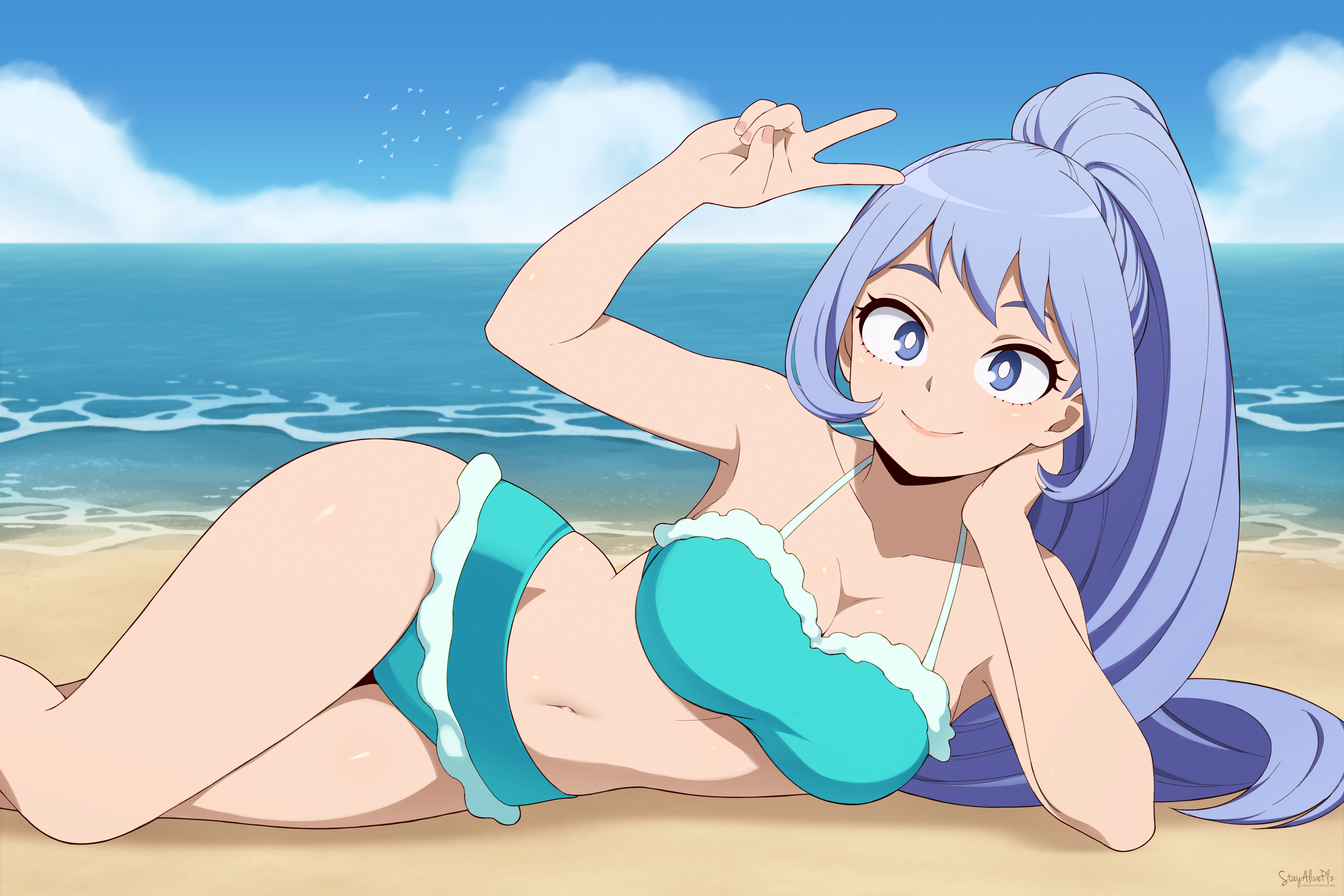1girls absurdres beach bikini blue_bikini blue_eyes blue_hair blue_sky boku_no_hero_academia breasts cleavage closed_mouth cloud cloudy_sky commentary day female hand_up high_ponytail highres large_breasts looking_at_viewer navel nejire_hado ocean outdoors ponytail sand simple_bird sky smile solo stayaliveplz swimsuit v