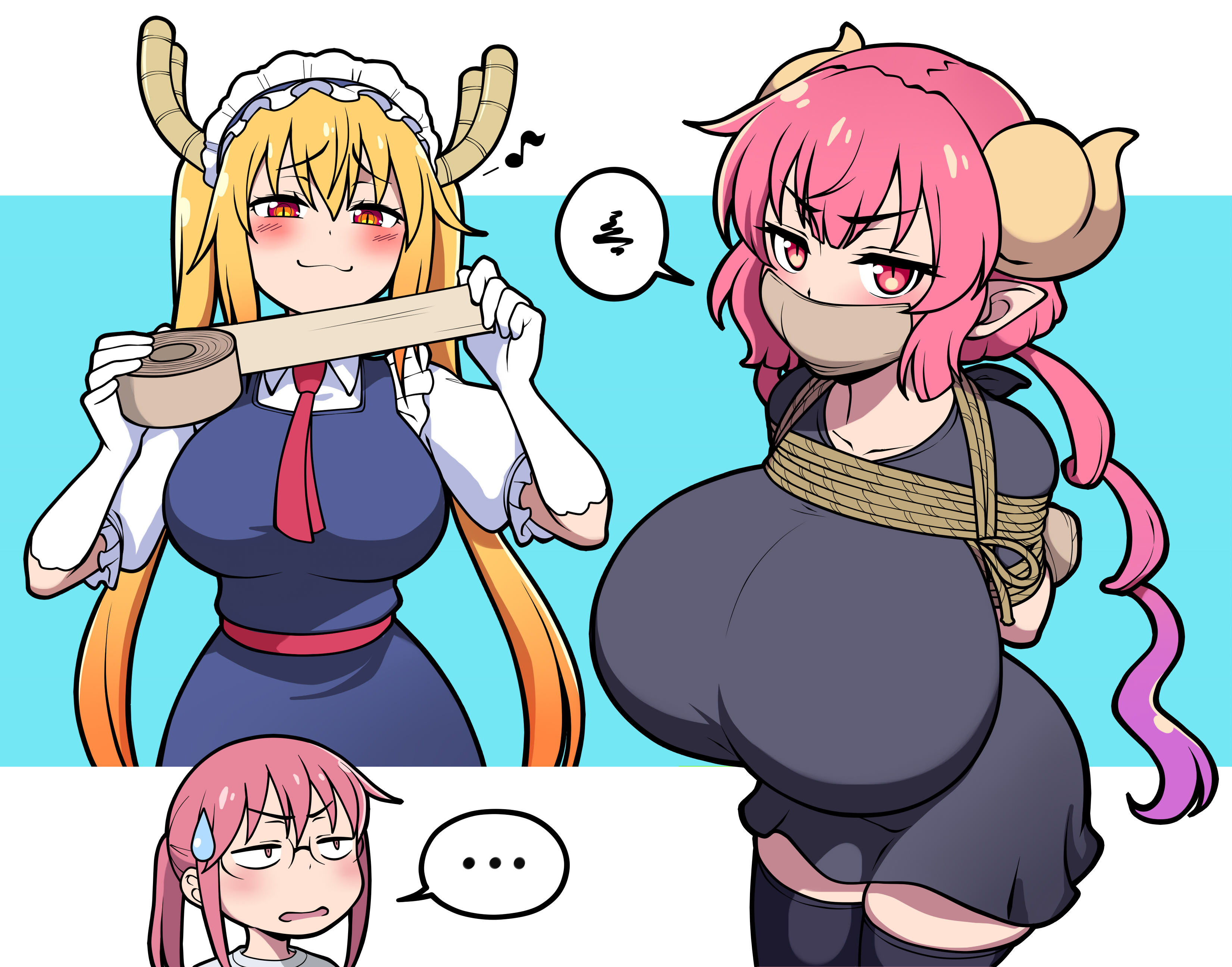 kobayashi, tohru (dragon maid), 3girls, bondage, gag, gagged, horns, huge b...