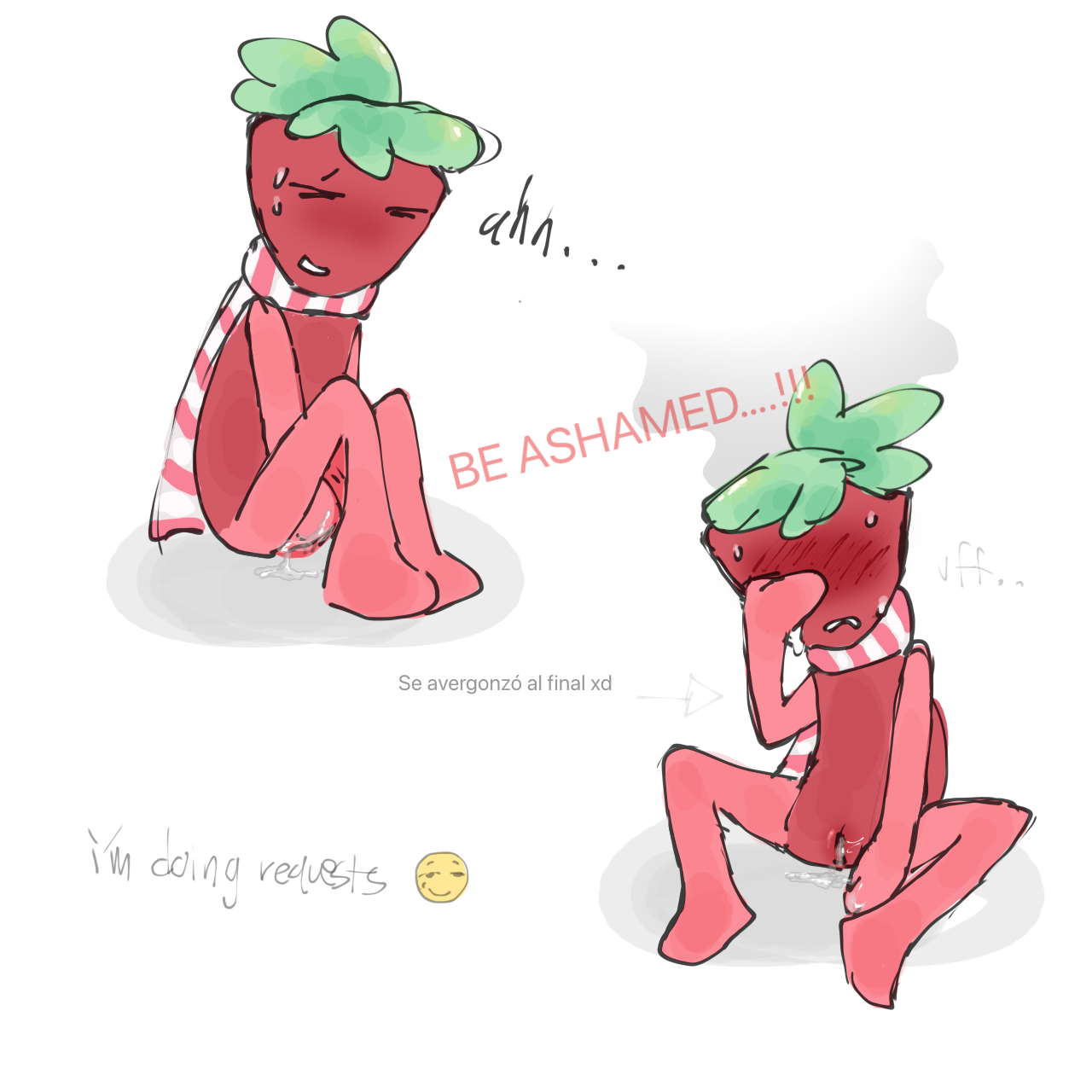 1cuntboy after_masturbation anthro ashamed blush blush_lines blushing closed_eyes cuntboy dandy's_world hand_on_head intersex leaf_hair masturbation notnegrete pleasured_face pussy scarf scarf_only spread_legs sprout_(dandy's_world) strawberry sweat sweating