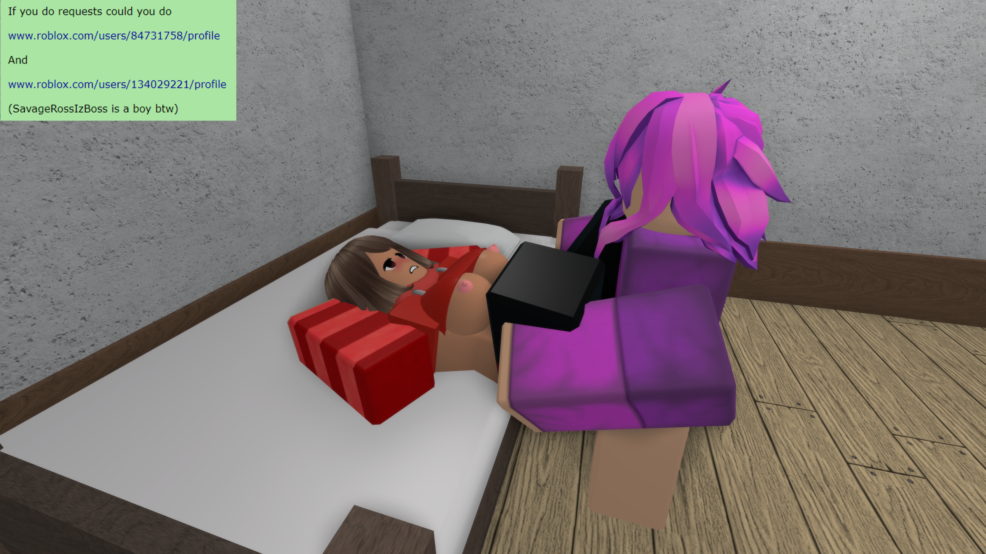 roblox, request, bed, brown hair, purple hair, purple sweater, red sweater,...