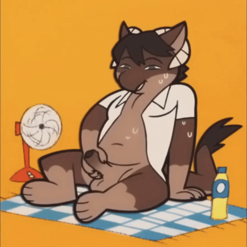 animated anthro bedding belly beverage black_hair blanket bodily_fluids bottle brown_body claws container countershading dark_body dark_glans dark_skin dragon electric_fan foreskin genitals green_eyes hair horn iced_tea male masturbation mythological_creature mythological_scalie mythology penis scalie simple_background slightly_chubby solo sweat tail_fur tea vickydanne