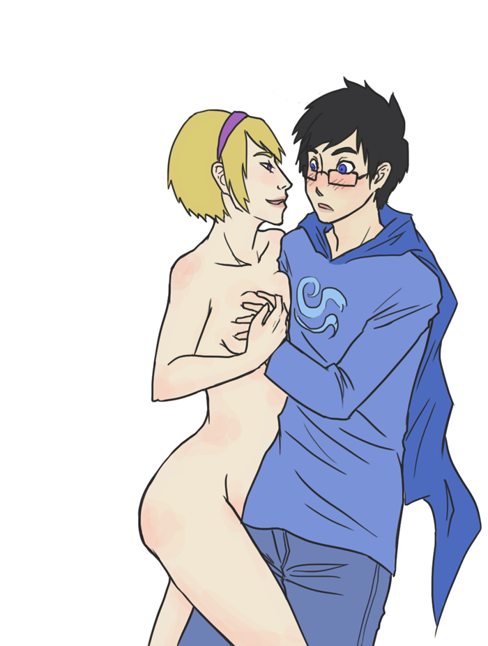 john egbert, rose lalonde, homestuck, ms paint adventures, 1boy, black hair, blonde hair, blue eyess, breast grab, breasts, clothed male nude female, female, glasses, hairband, purple eyess, 