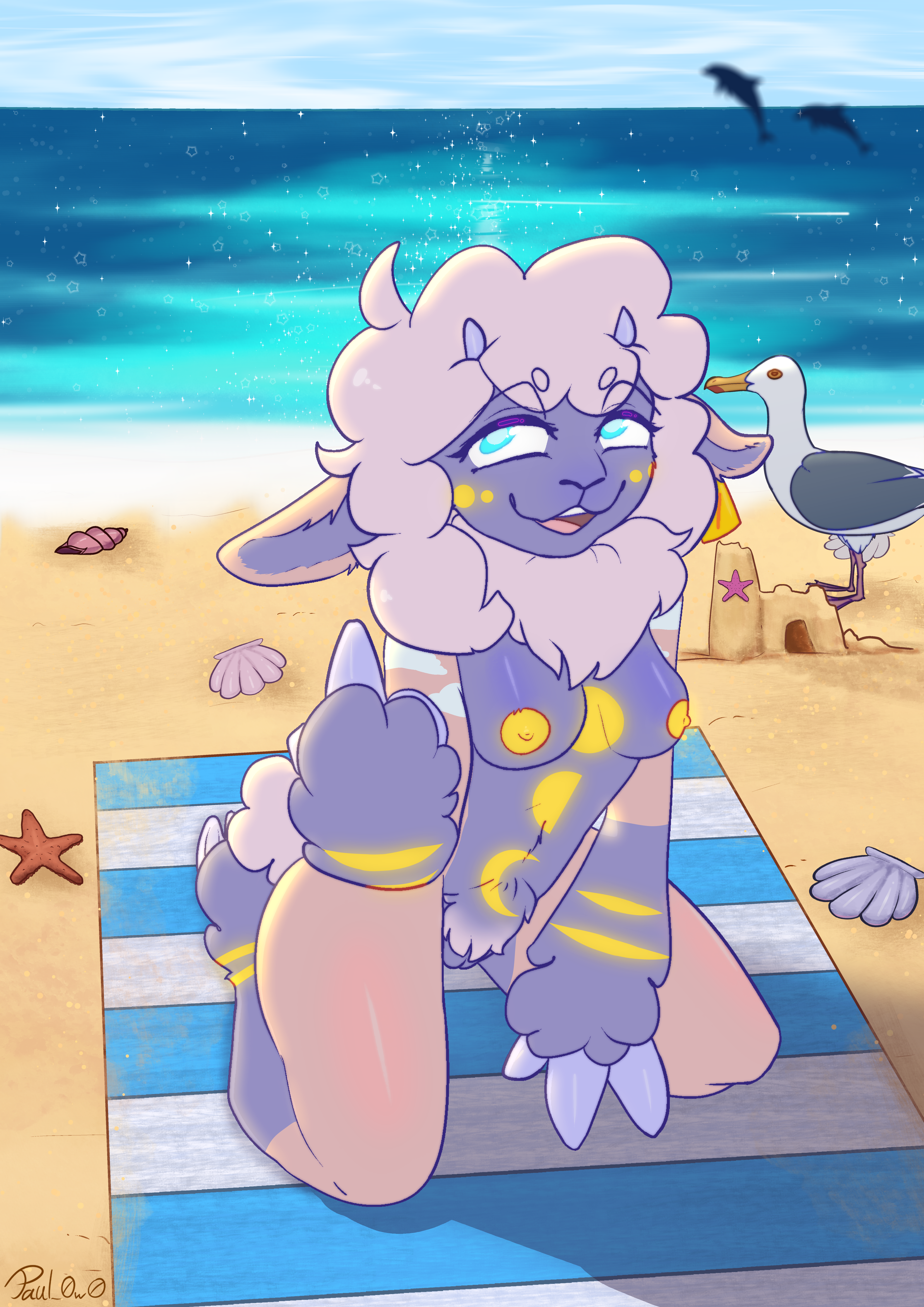 absurd res, hi res, shaded, anthro, avian, beach, bird, blue eyes, bovid, breasts, caprine, cetacean, cloud, day, detailed background, dolphin, ear piercing, ear tag, eyebrows, eyeliner, female, fur, fur markings, gesture, gull, hair, hand gesture, hand on ground, hooves, horn, kneeling, lari, larid, long hair, makeup, mammal, marine, markings, middle finger, neck tuft, nipples, nude, on ground, paul 0w0, piercing, pubes, public, purple body, purple fur, raised tail, sand, sand castle, sculpture, sea, seashell, sheep, shell, smile, smug, solo, solo focus, tail, tan body, tan fur, teeth, thick thighs, tongue, toothed whale, tuft, una the moon sheep, vulva, water, wool (fur), yellow body, yellow fur, 