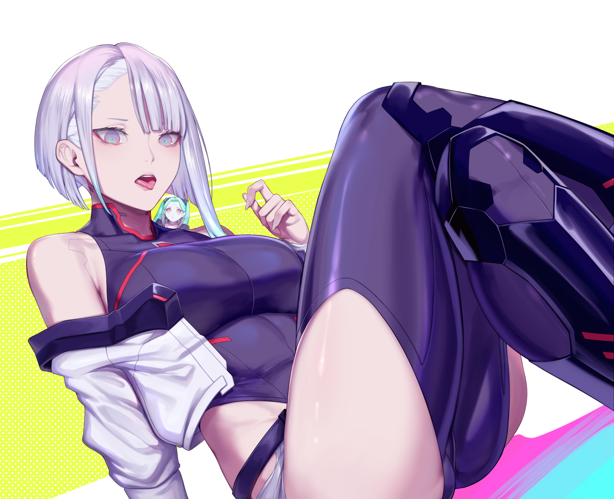 studio trigger, 2girls, aleron akaash, ass focus, big ass, big breasts, cameltoe, cd projekt red, cyberpunk: edgerunners, female, female only, latex, light-skinned female, light skin, lucy (edgerunners), lucyna kushinada, rebecca (edgerunners), thick thighs, 