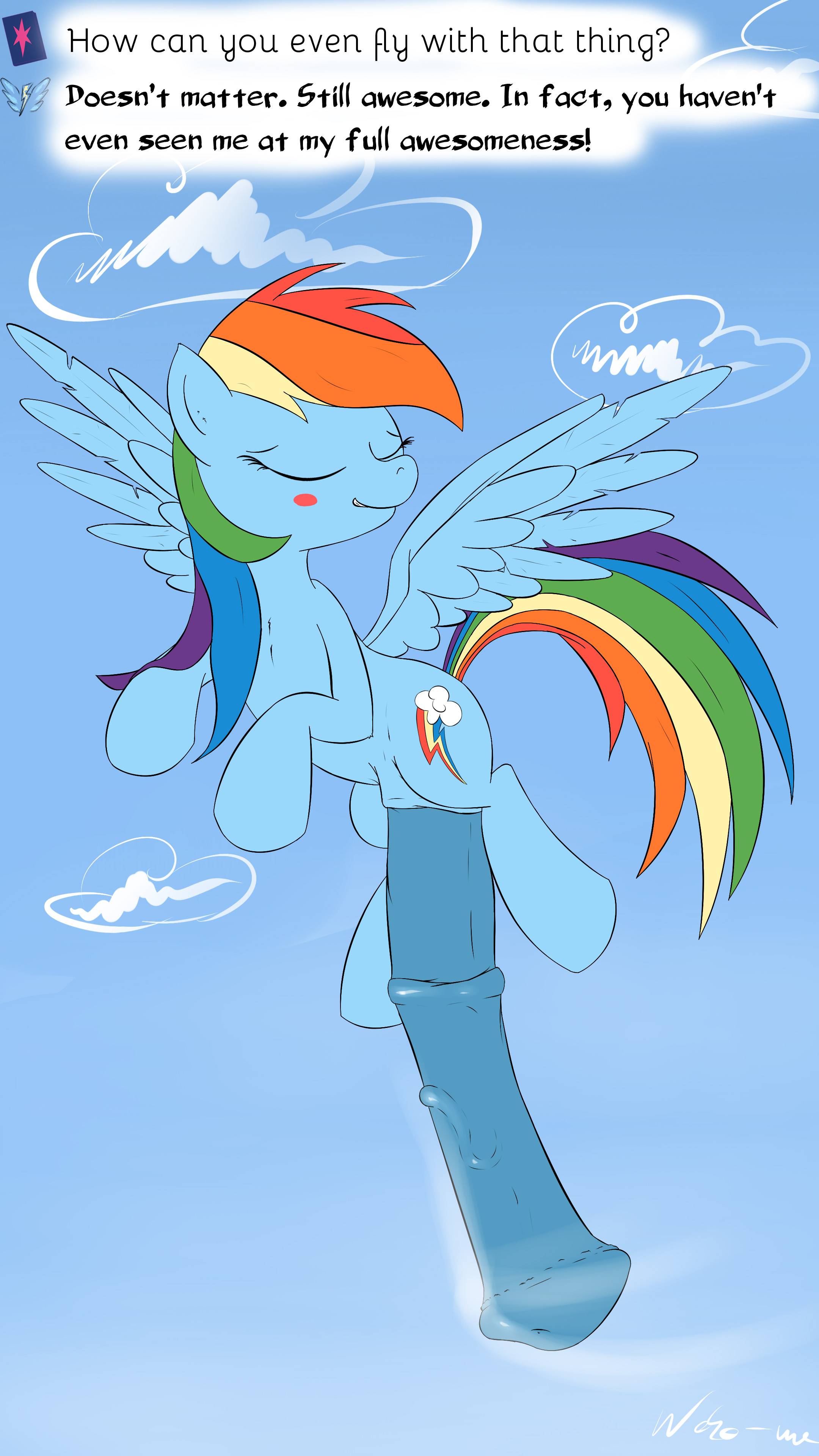 neko-me, rainbow dash (mlp), friendship is magic, my little pony, 2013, blue fur, closed eyes, cutie mark, dickgirl, equine, hair, horse, horsecock, hyper, hyper penis, intersex, multi-colored hair, pegasus, penis, pony, smile, solo, wings, 