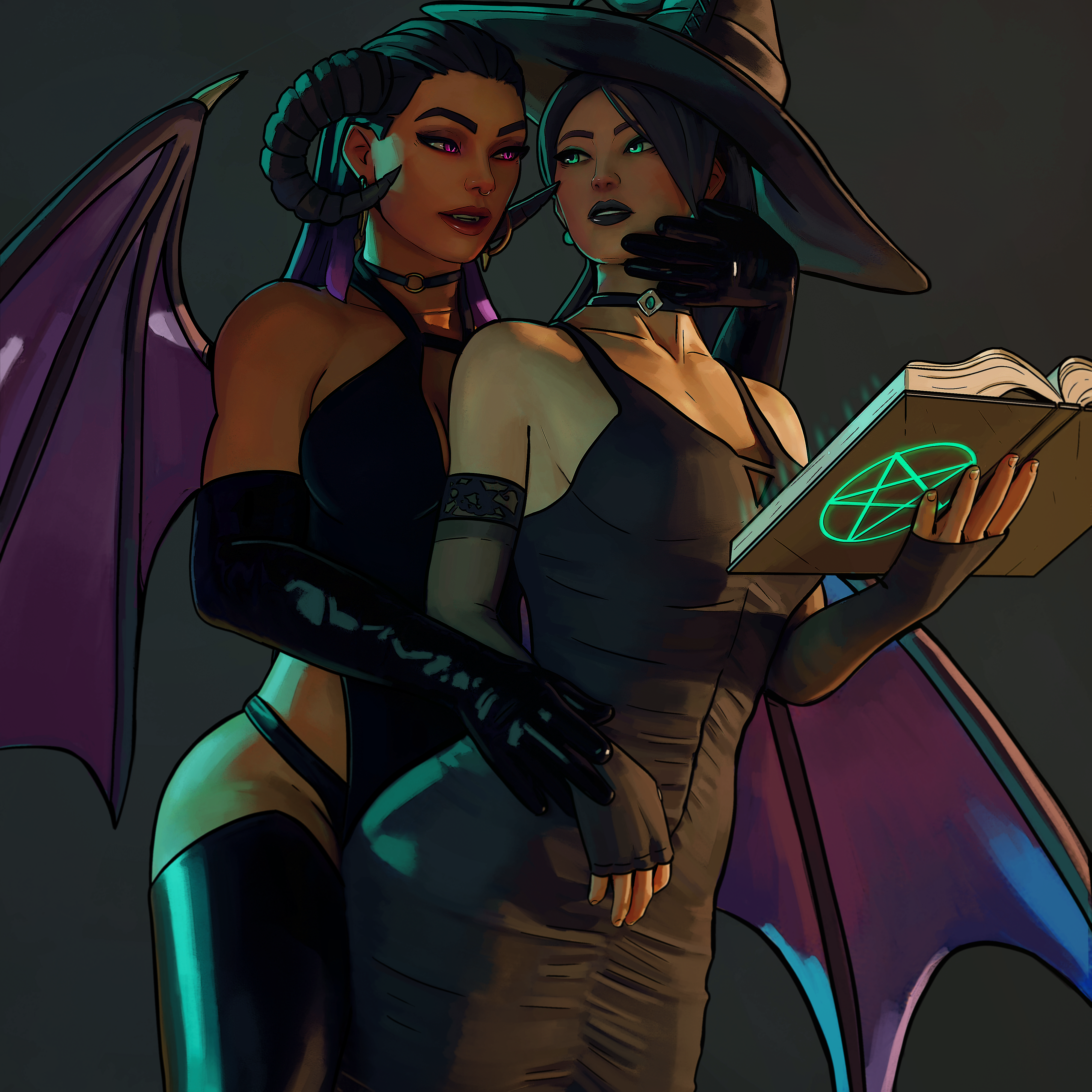 2girls 3d 3d_(artwork) 3d_render black_dress black_gloves black_hair black_lipstick black_nails black_panties black_thighhighs book choker dark_skin dress earrings elbow_gloves fingerless_gloves green_eyes green_nails grey_dress hairband hand_on_face hat holding_book jewelry latex latex_gloves latex_thighhighs lipstick long_hair looking_back looking_up makeup multiple_girls nail_polish open_book open_mouth open_smile panties purple_eyes purple_hair reyna_(valorant) ring sage_(valorant) sfrinzy side_slit side_slit_dress smile standing succubus succubus_horns succubus_wings thighhighs underwear valorant wings witch witch_hat witch_outfit