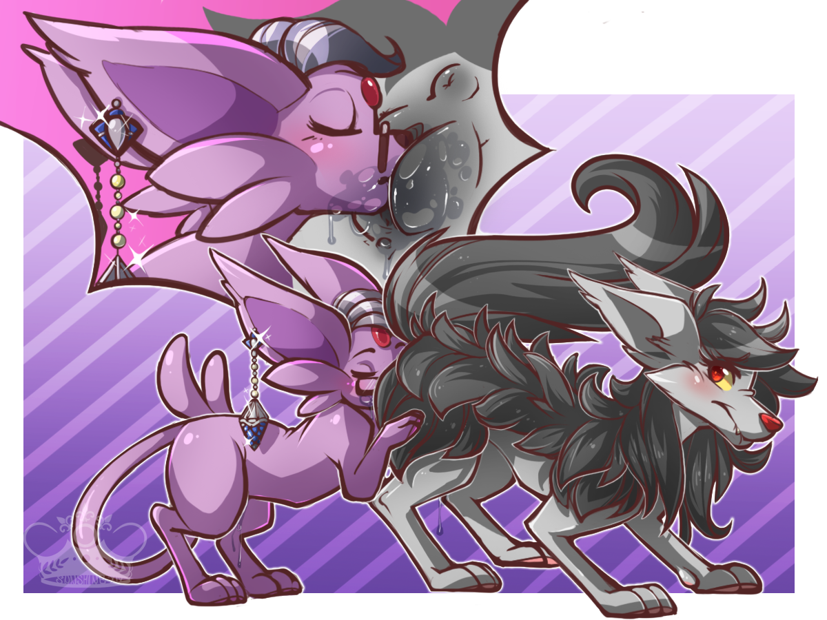 ...espeon, mightyena, nintendo, black fur, blush, canine, female, feral, fu...