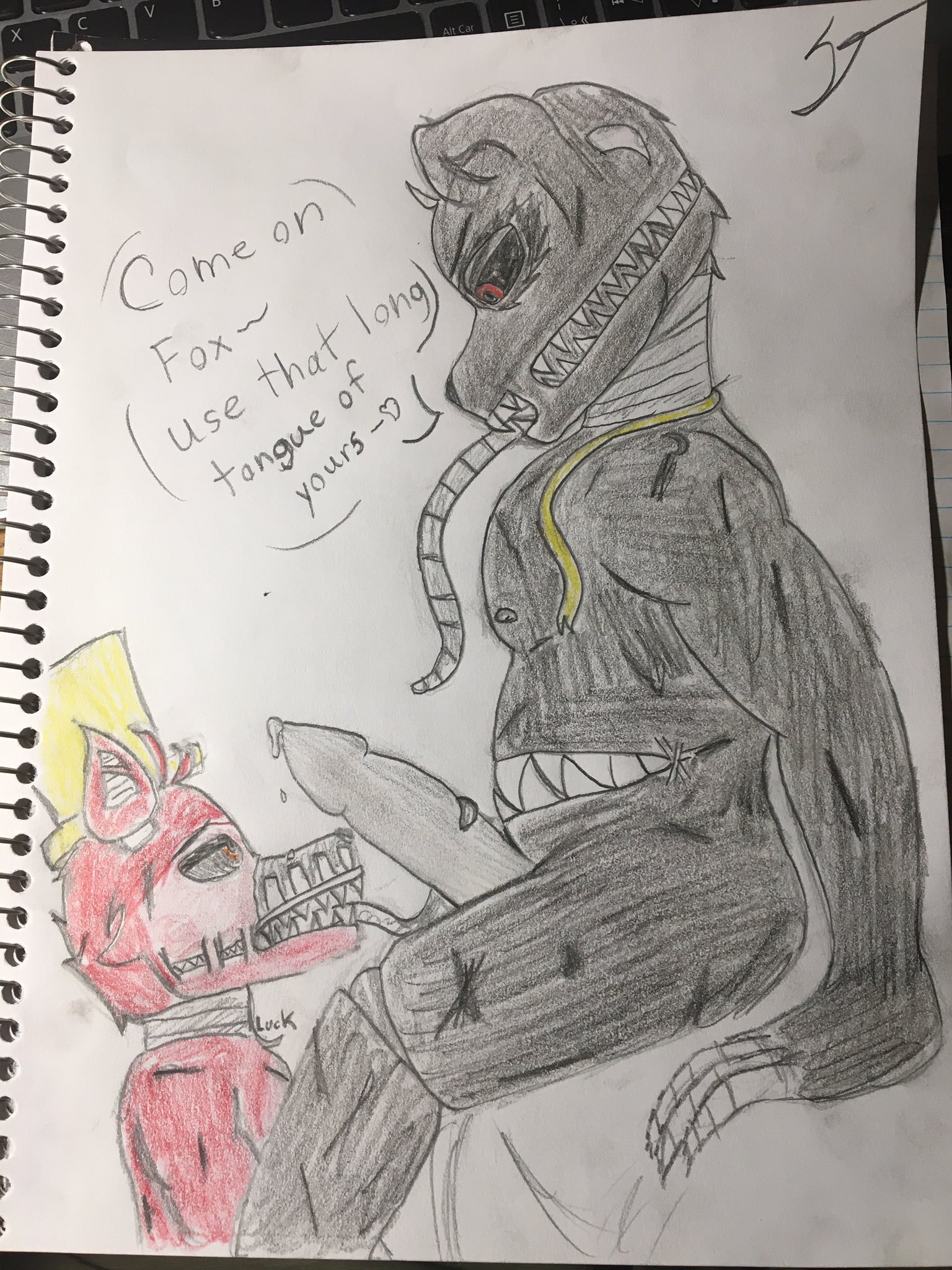 nightmare foxy (fnaf), english text, text, traditional media (artwork), 2boys, blowjob, cumming, dick, lucky fox (artist), nightmare (fnaf), tongue, tongue out, traditional art, traditional media, yaoi, 
