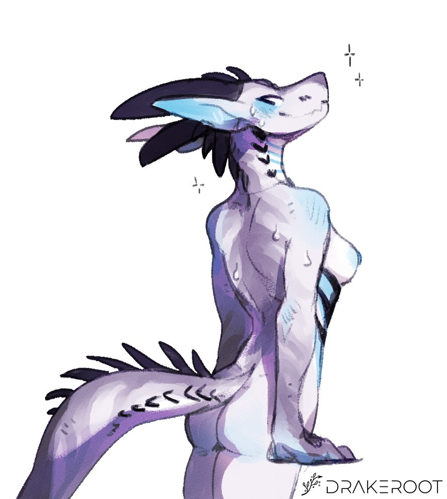 colored, digital drawing (artwork), digital media (artwork), shaded, simple background, anthro, areola, ass, big ears, biped, black eyes, black markings, blue areola, blue blush, blue body, blue nipples, blue paws, blush, bodily fluids, breasts, dragon, exposed breasts, female, grey body, grey nose, horn, looking back, markings, multicolored body, nipples, nude, paws, pinus rigida, portrait, presenting, presenting hindquarters, purple body, raised tail, scalie, side view, slim, small waist, smile, solo, spiked tail, spikes, spikes (anatomy), standing, star, sweat, sweatdrop, three-quarter portrait, white body, white breasts, wingless dragon, 
