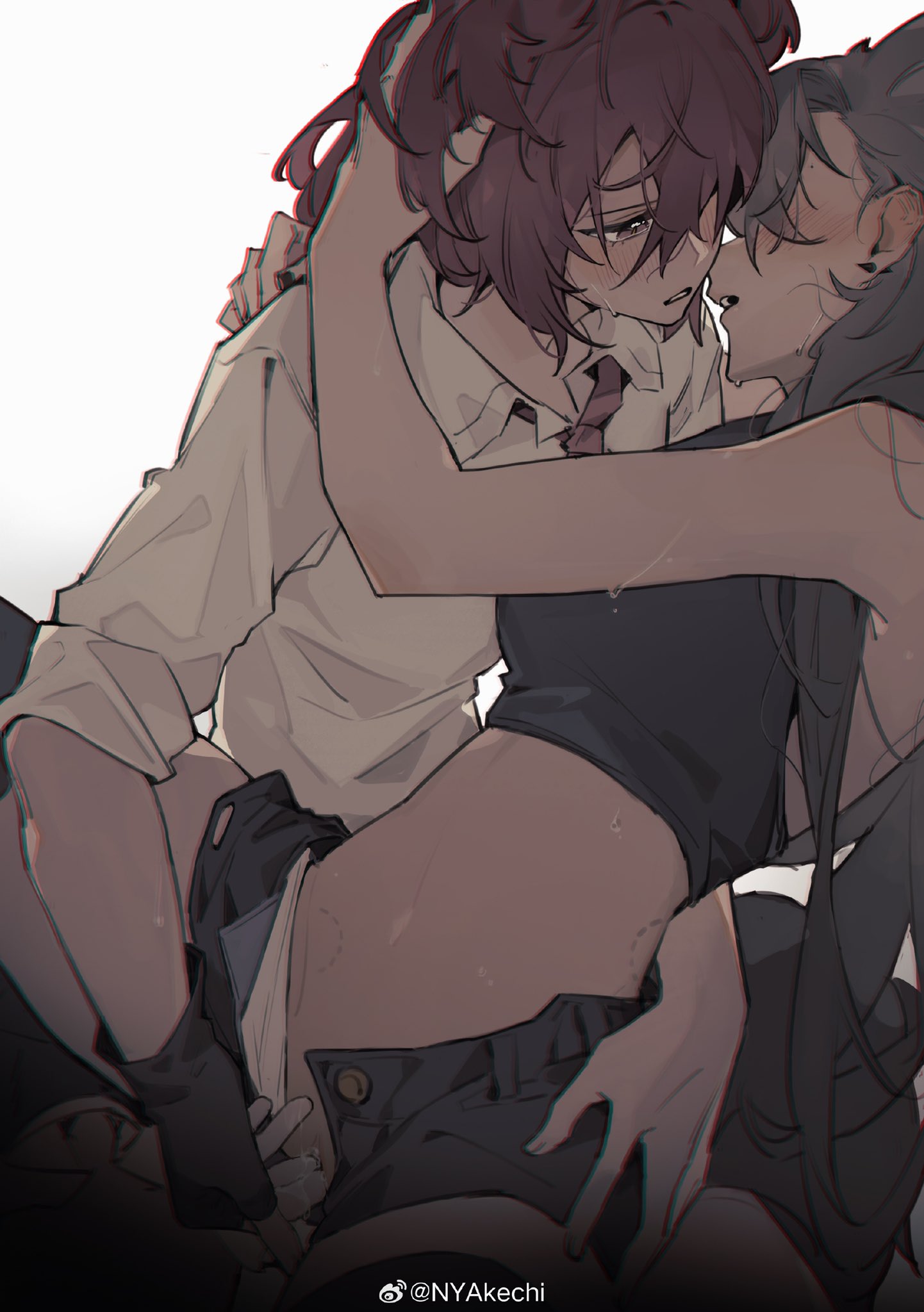 arknights, highres, weibo username, 2girls, akechi (826988799), blush, brown eyes, brown hair, fiammetta (arknights), fingering, fingerless gloves, gloves, long hair, multiple girls, open fly, parted lips, penance (arknights), single glove, teeth, unbuttoned, upper teeth only, weibo logo, yuri, 