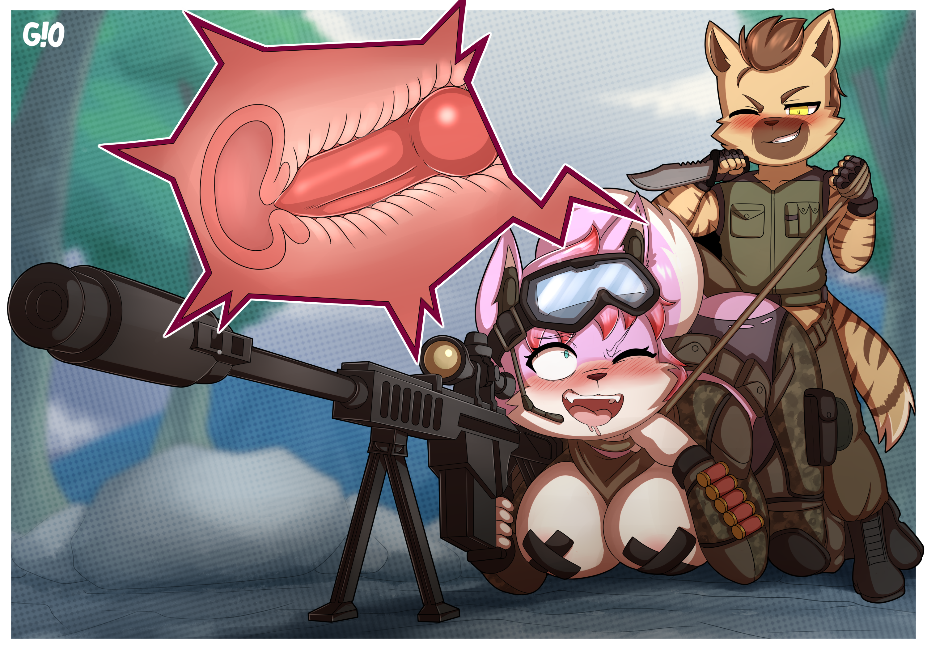 hi res, akita, akita inu, animal genitalia, animal penis, anthro, asphyxiation, blue eyes, blush, breasts, brown hair, canid, canine, canine penis, canis, chihuahua, clothed, clothing, domestic dog, duo, female, female penetrated, fur, genitals, gi0, gun, hair, internal, knife, larger female, male, male/female, male penetrating, male penetrating female, mammal, one eye closed, open mouth, pasties, penetration, penis, pink body, pink fur, pink hair, ranged weapon, rifle, sex, size difference, smaller male, sniper rifle, spitz, tan body, tan fur, toy dog, uterus, weapon, white body, white fur, wink, yellow eyes, 