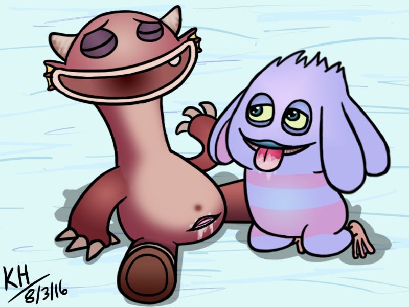 kh, 2016, hi res, highres, ambiguous gender, artist name, belly button, bodily fluids, cloaca, cub, duo, female, horn, looking at partner, looking pleasured, monster, my singing monsters, pussy, saliva, thrumble, tongue, video games, whaddle, young, 