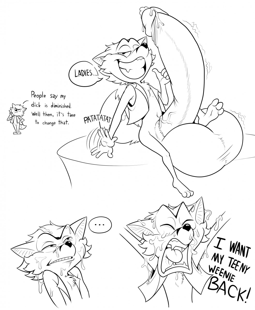 dawmino, 2016, english text, text, 1boy, anthro, balls, big balls, bottomless, canine, erection, fox, huge balls, huge cock, male, male only, mammal, penis, precum, solo, 