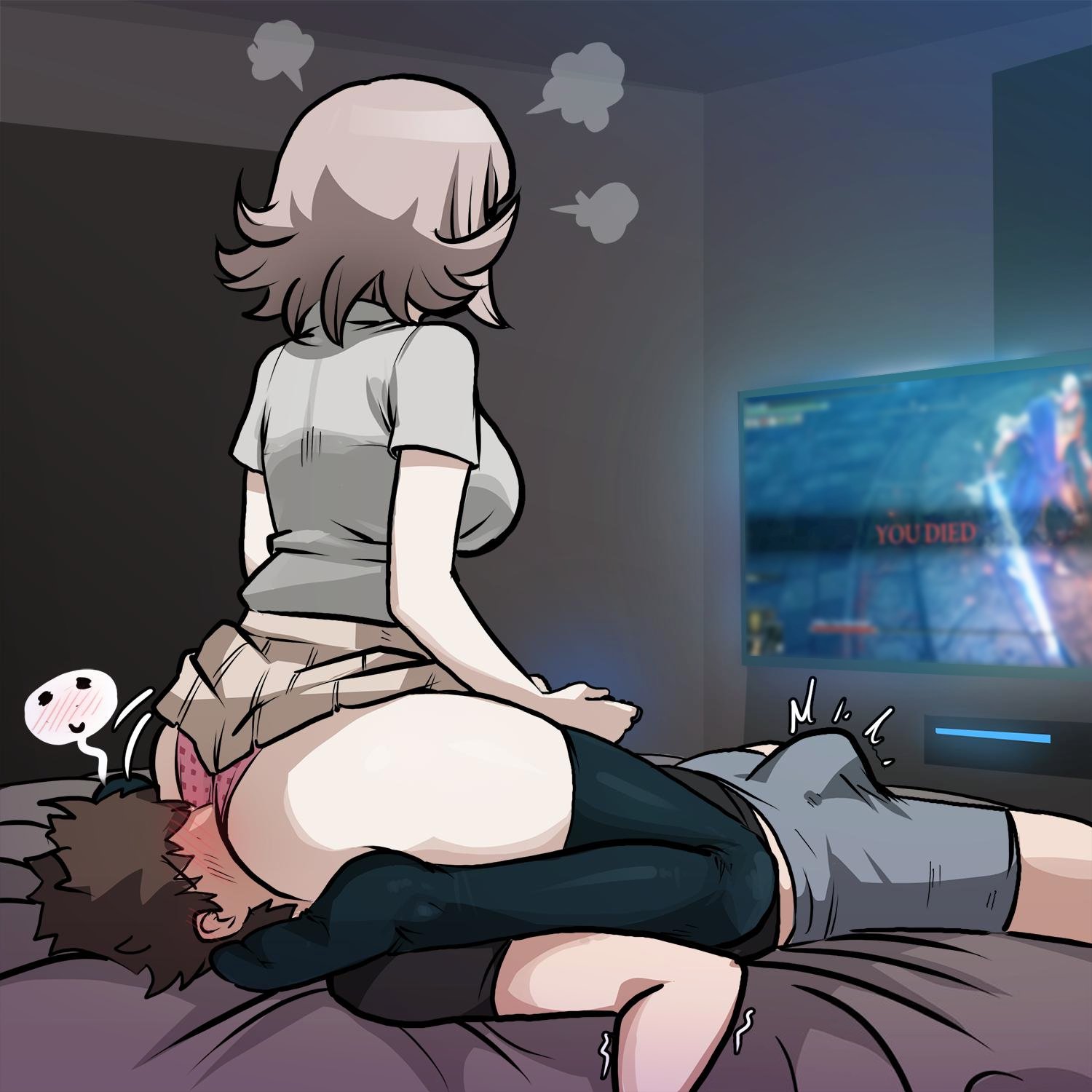 mosbles, nanami chiaki, danganronpa, danganronpa 2: goodbye despair, fromsoftware, english commentary, highres, revision, screencap, 1boy, artist name, ass, bed, black shirt, black thighhighs, breasts, bulge, clothes lift, cowgirl position, cunnilingus, cunnilingus through clothes, danganronpa (series), elden ring, erection, erection under clothes, erection under clothing, faceless male, facesitting, facesitting in underwear, female, from behind, gamer girl, gaming, grey shirt, in bed, kneeling, large breasts, male, mosbles (mosbles7), multitasking, on bed, oral, oral sex, panties, playing games, polka dot, polka dot panties, rellana twin moon knight, shadow of the erdtree, shirt, short hair, short sleeves, sitting, sitting on face, sitting on person, skindentation, skirt, skirt lift, spoken blush, straight, thighhighs, underwear, you died, 