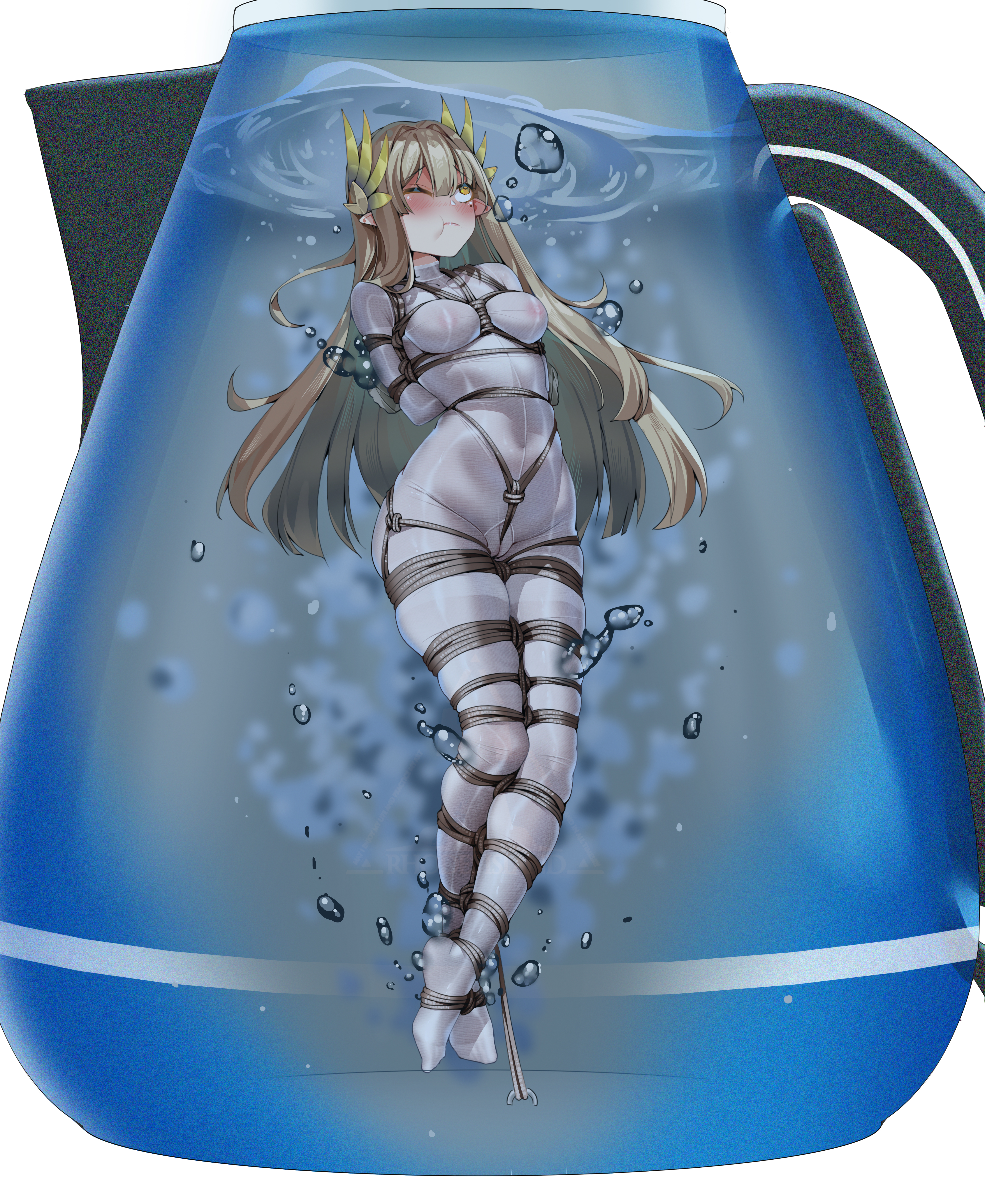 arknights, absurdres, highres, ;t, air bubble, aiza-ku, arms behind back, blush, bodystocking, bondage, bound, bound arms, breasts, brown eyes, brown hair, bubble, cameltoe, closed mouth, covered navel, crotch rope, elf, full body, hair ornament, kettle, long hair, looking up, medium breasts, mole, mole under eye, muelsyse (arknights), neglect play, nipples, one eye closed, pointy ears, restrained, see-through, shibari over clothes, stationary restraints, submerged, very long hair, water, 