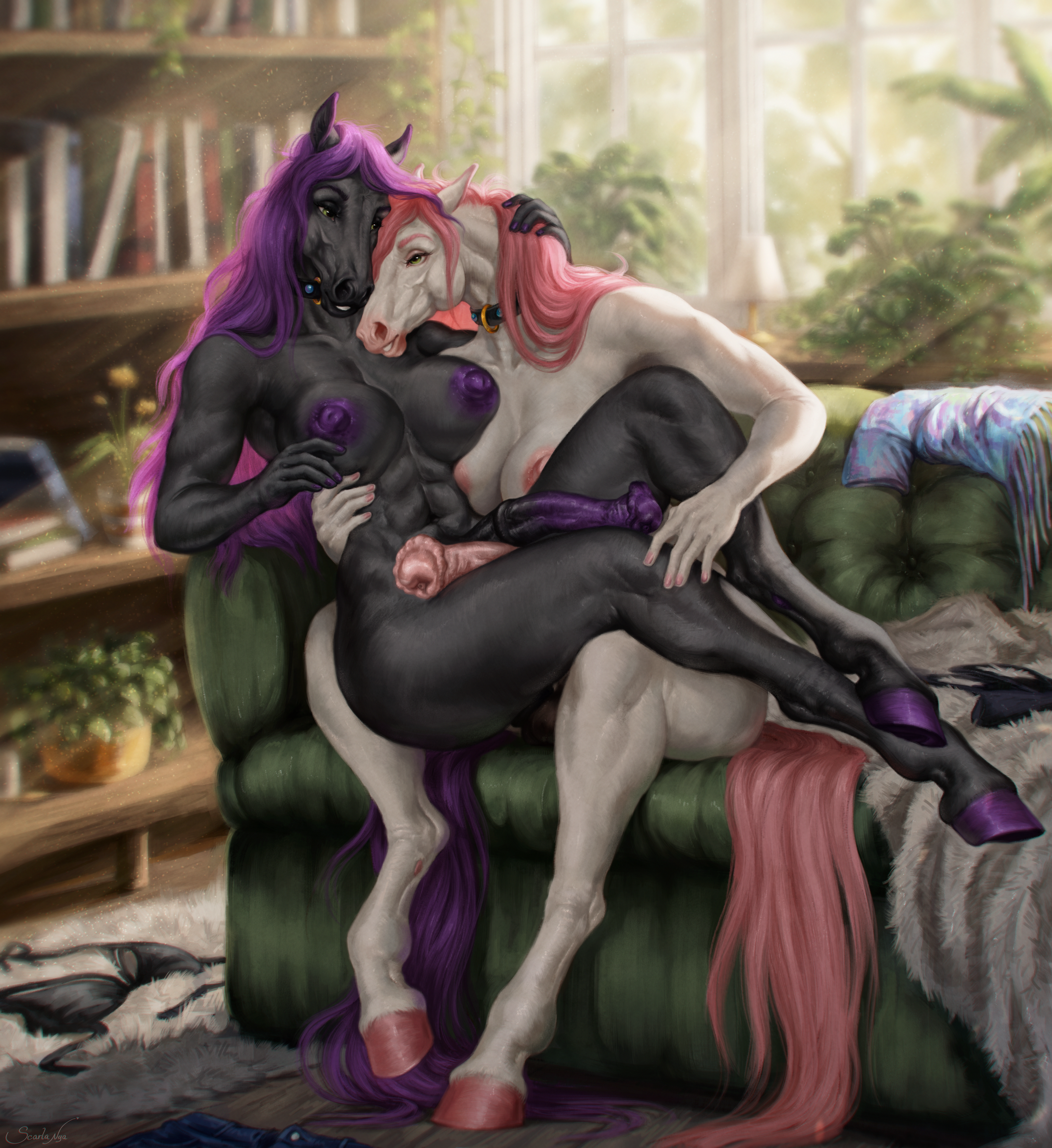 abs absurd_res anthro anthro_on_anthro black_body black_fur black_penis duo equid equine fur furniture genitals green_eyes gynomorph gynomorph/gynomorph gynomorph_anthro hair hi_res horse huge_filesize inside intersex intersex/intersex intersex_anthro long_hair mammal multicolored_penis nipples nude on_lap on_sofa penis pink_hair pink_nipples pink_penis pink_tail purple_hair purple_nipples purple_penis purple_tail scarlanya sitting sofa tail two_tone_penis white_body white_fur