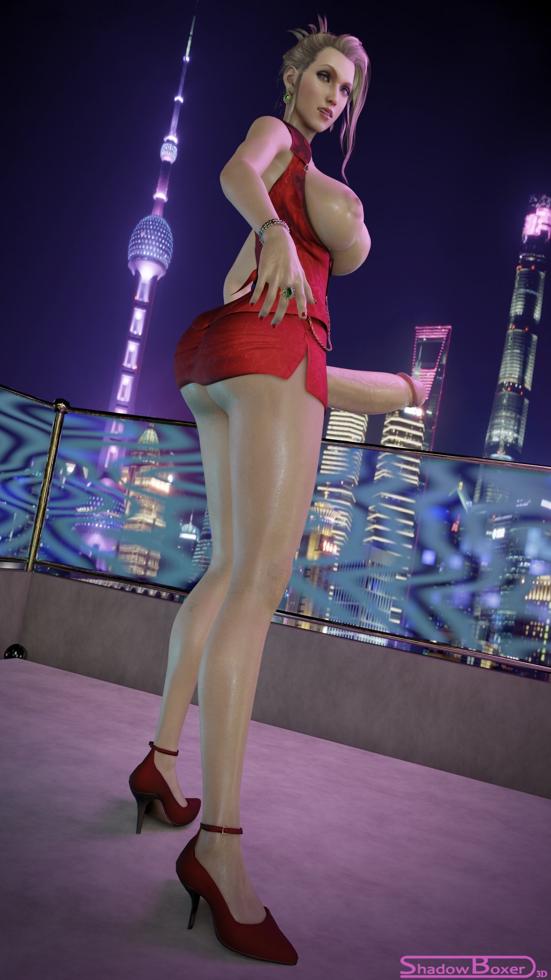 shadowboxer, scarlet (ffvii), final fantasy, final fantasy vii, 3d, blender, 1futa, areolae, ass, big ass, big breasts, breasts, dickgirl, futa only, futanari, huge cock, large breasts, nipples, penis, solo, 